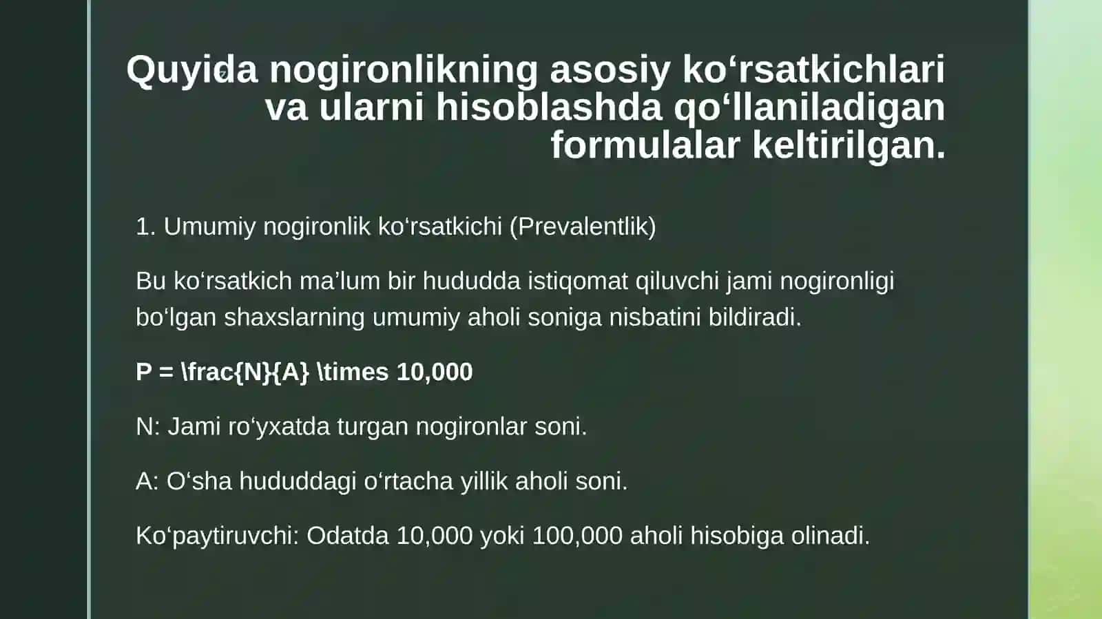 Nogironlik ko‘rsatkichlari va ularni hisoblash usullari. Aholi salomatligini baholashda nogironlik ko‘rsatkichlarini o‘rni. 4