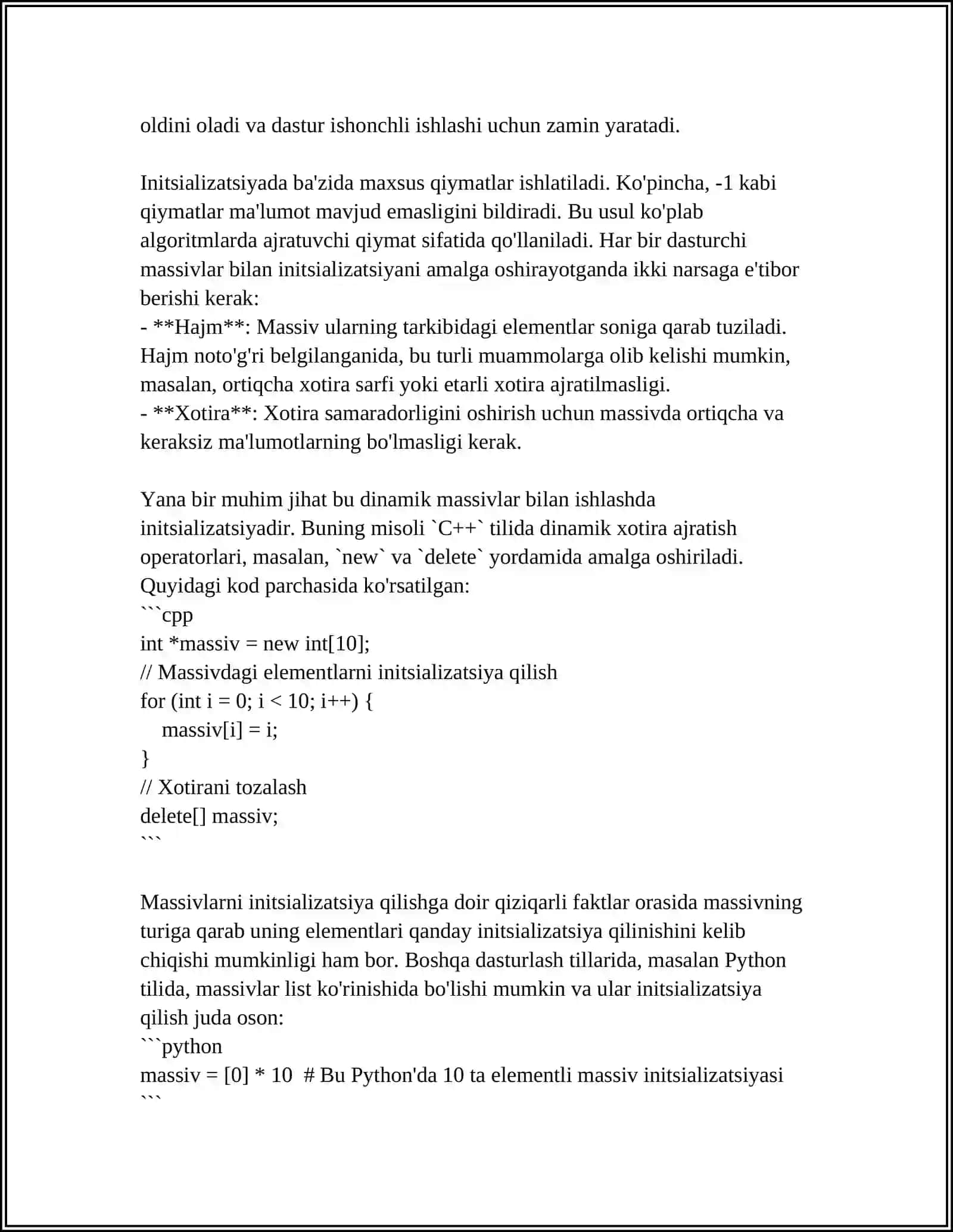 O'LCHAMI KO'RSATILMAGAN MASSIV ELEMENTLARINI TO'LIQ INITSIALIZATSIYALASH (DASTURLASH) 4