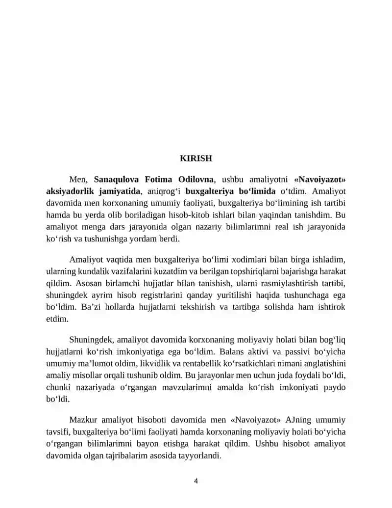"NAVOIYAZOT" Accounting - Bakalavriat yo‘nalishi talabalari bitiruv oldi amaliyoti bo‘yicha hisobot 4