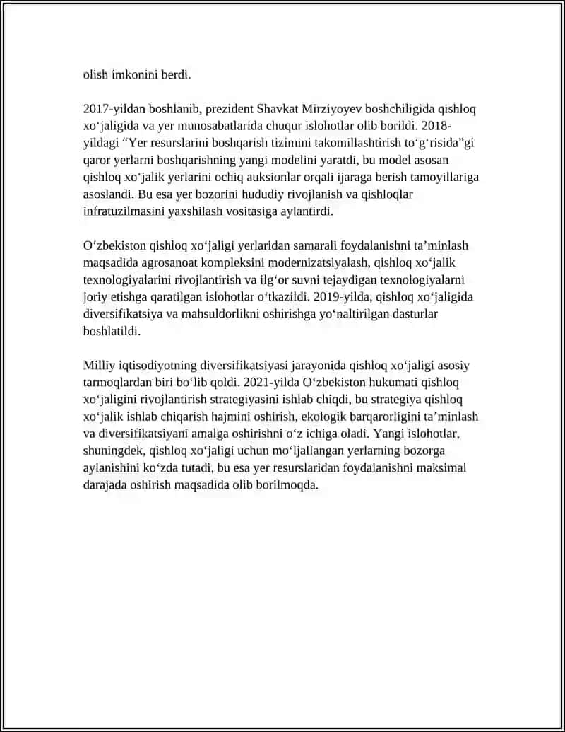 QISHLOQ XOʻJALIGI AMALGA OSHIRILGAN ISLOHAT VA YER MUNOSABATLARINING TRANSFORMATSIYASI 4