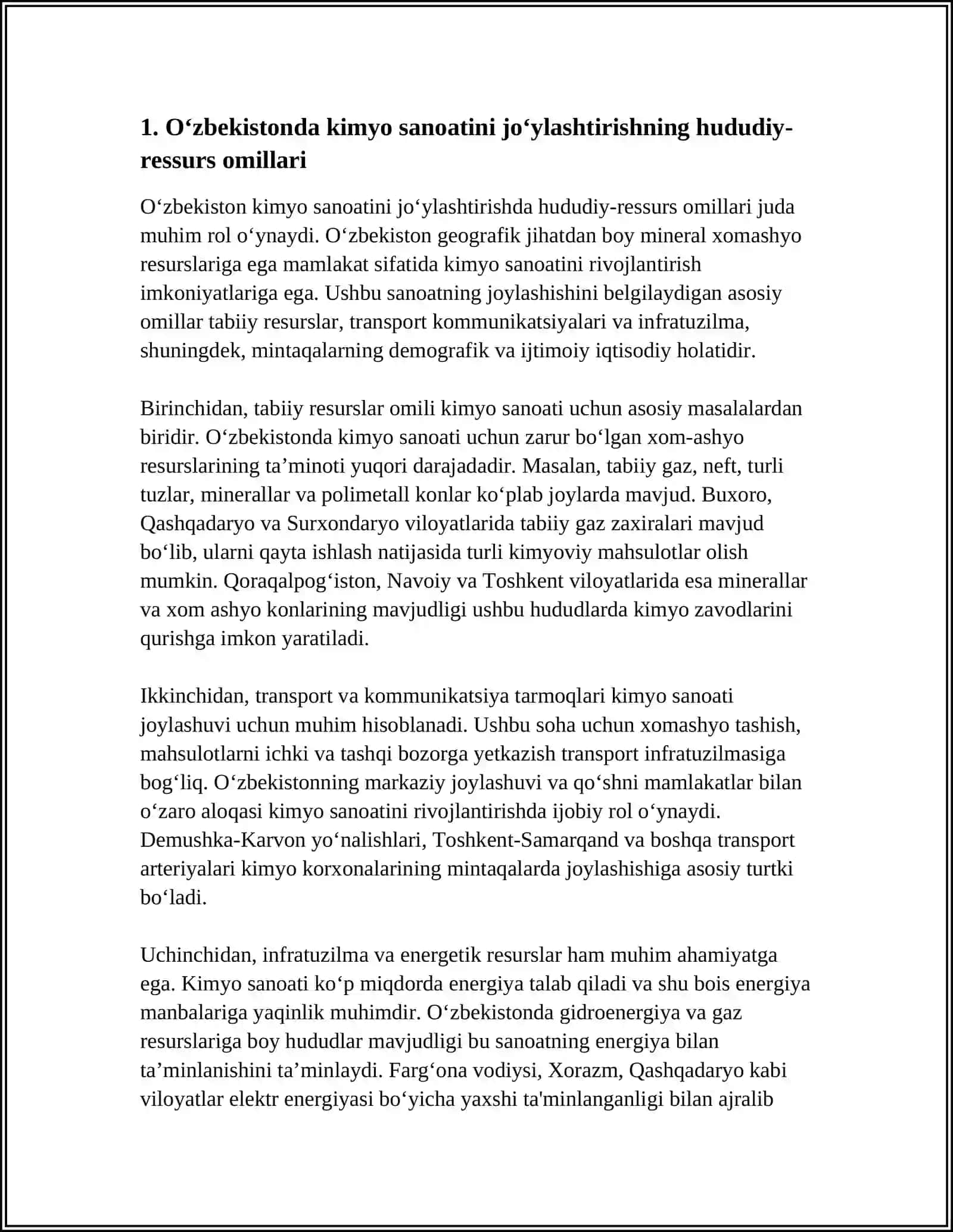 KIMYO SANOATINI JOYLASHTIRISH OʻZBEKISTON MISOLIDA 4