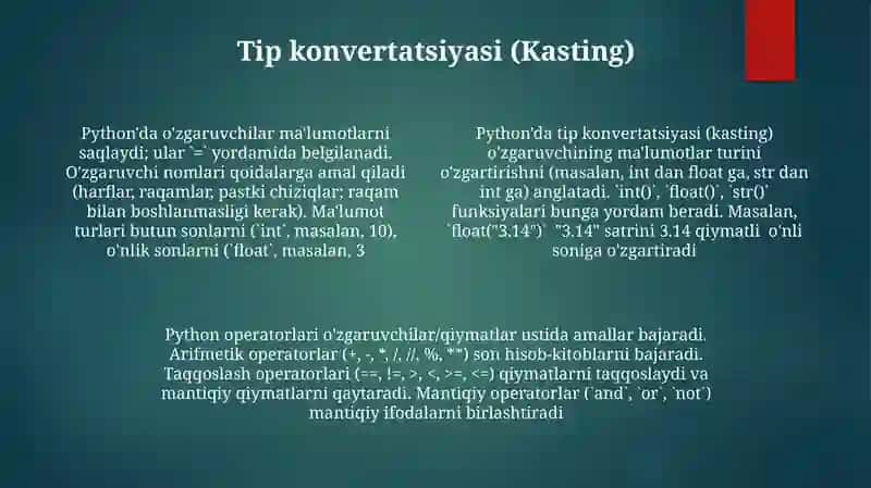 Python dasturlash tilida õzgaruvchilar va operatorlar 4