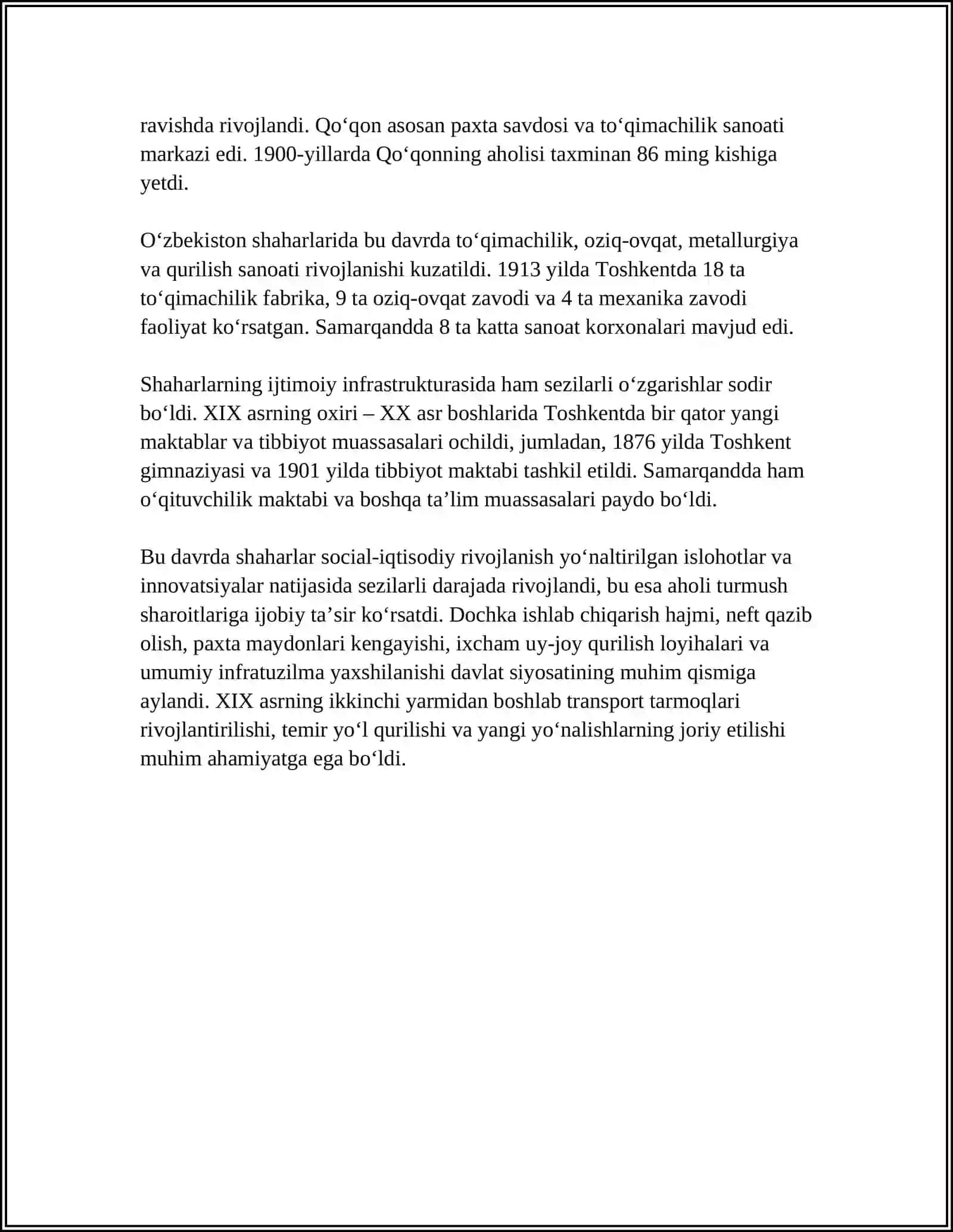 O‘zbekiston shaharlari XIX asrning ikkinchi yarmi — XX asr boshlarida 4
