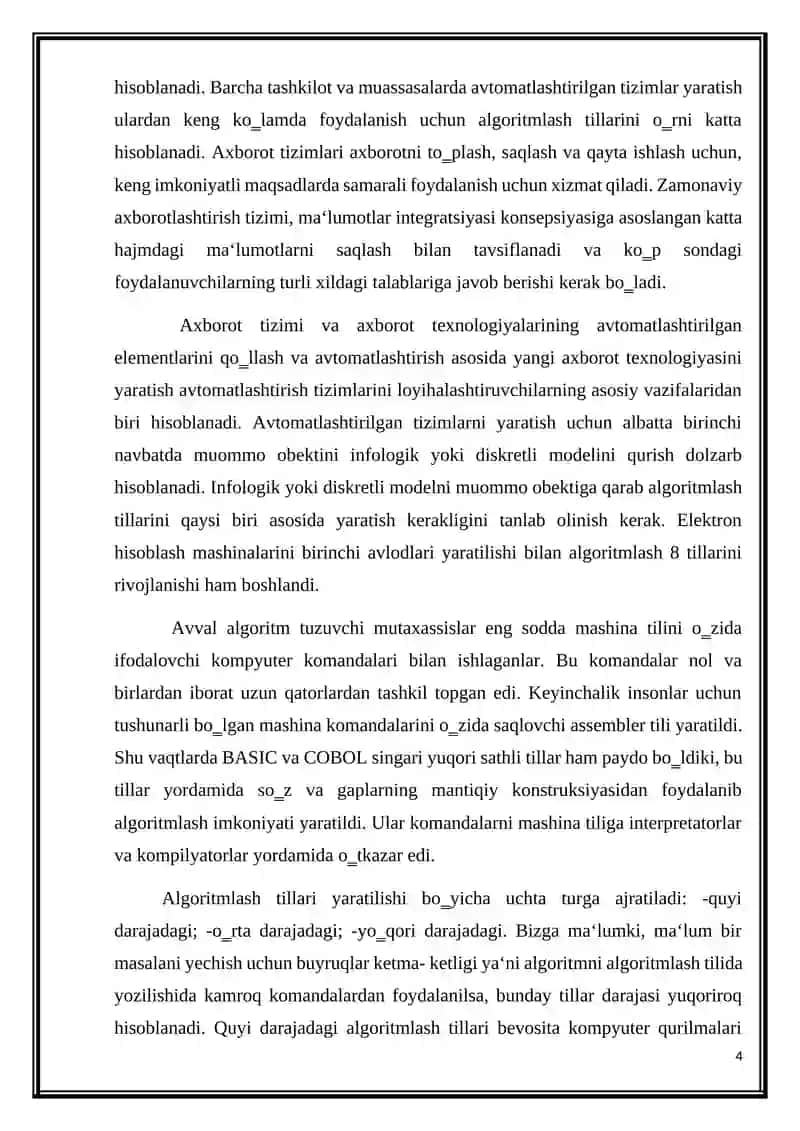 "Masalalarning algoritmini tuzish va shu algoritm asosida C++ dasturlash tilida dastur tuzish" 4