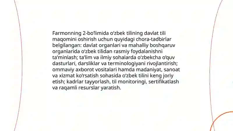O‘zbek tilining davlat tili sifatidagi nufuzi va mavqeyini tubdan oshirish chora-tadbirlari 4