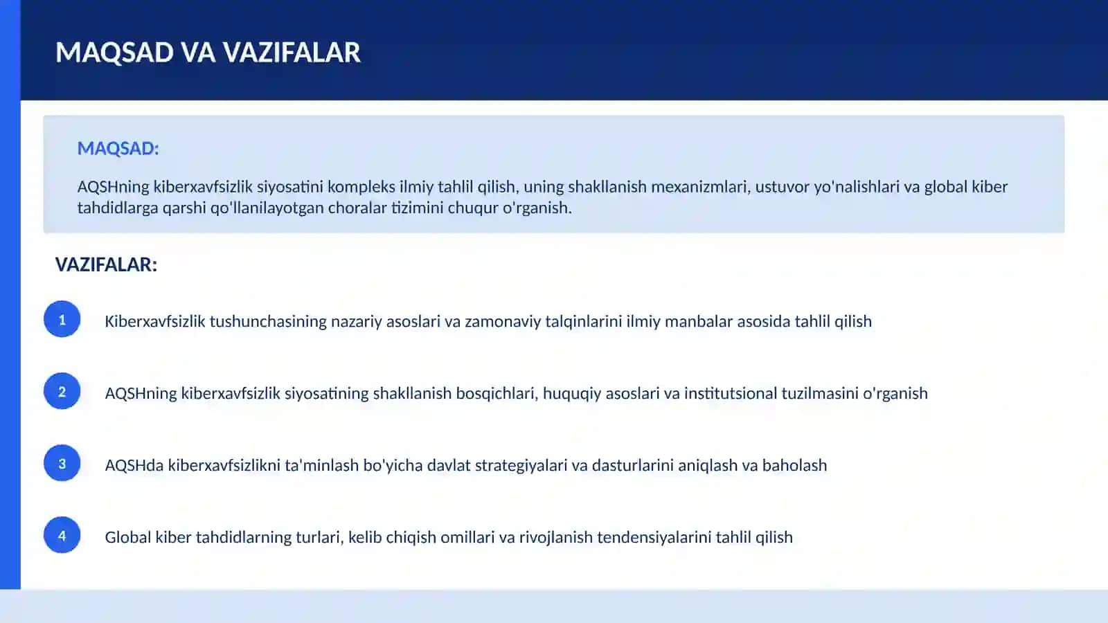AQSH Kiberxavfsizlik Siyosati va Global Tahdidlar | Tayyor Bitiruv Malakaviy Ishi / Slayd (2026) 4