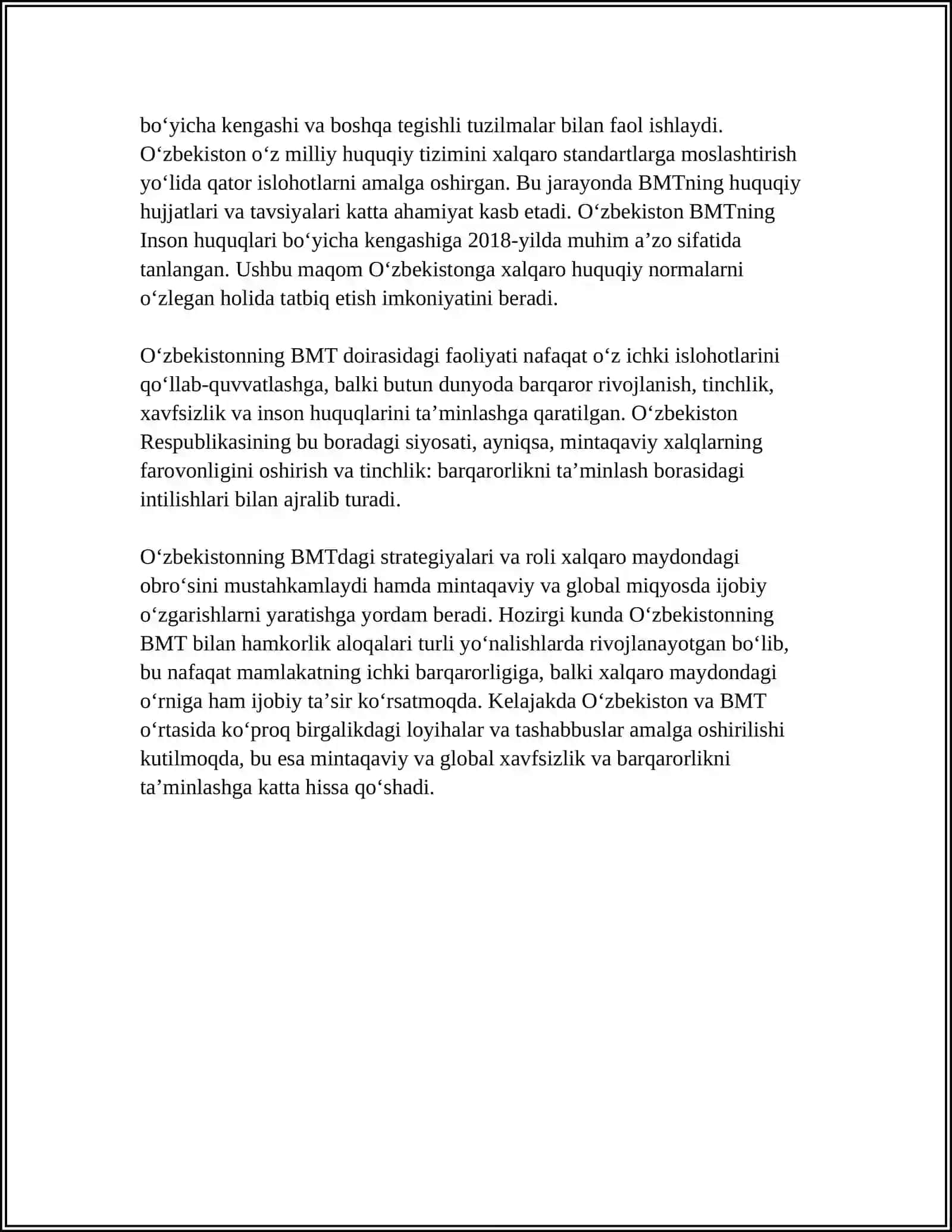 MAVZUSI ÒZBEKISTON RESPUBLIKASI XALQARO TASHKILOTLARGA A'ZOLIGI VA JAXON SIYOSIY MAYDONDAGI OʻRNI 4