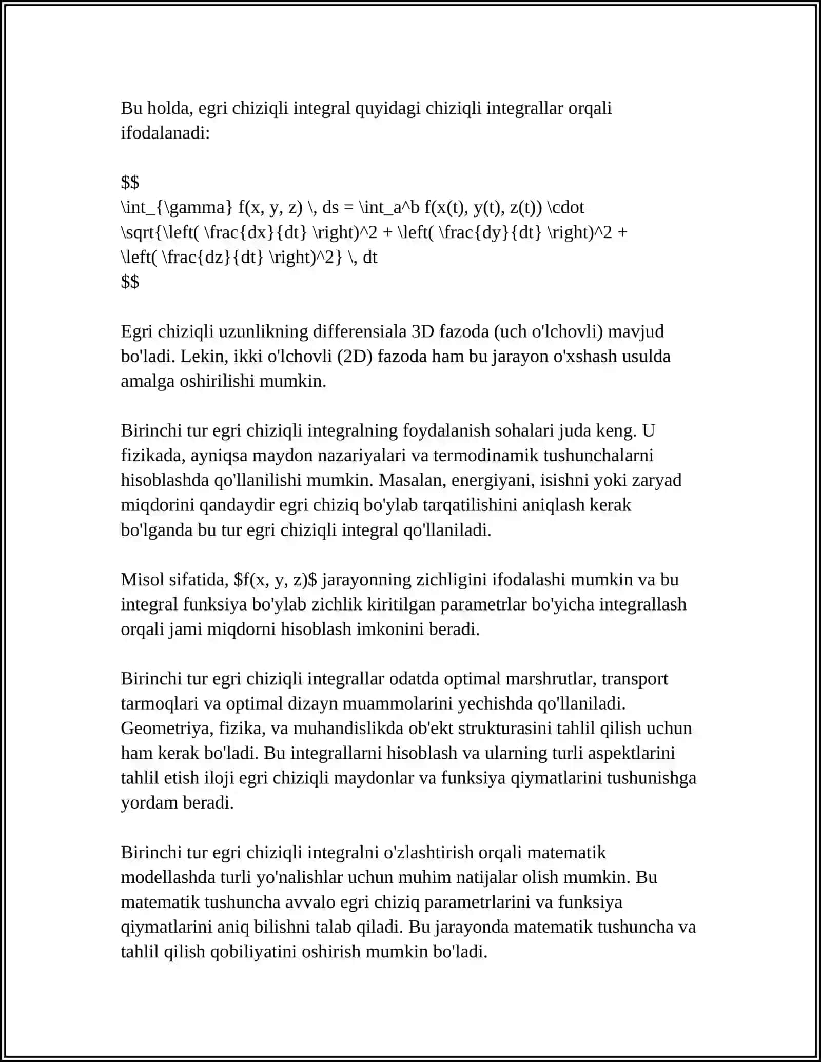 BIRINCHI VA IKKINCHI TUR EGRI CHIZIQLI INTEGRALLARNING GEOMETRIK VA MEHANIK MASALALARGA TATBIQLARI 4
