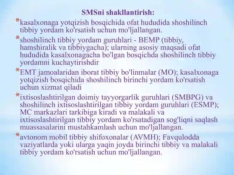 Favqulodda vaziyatlar va ofatlarda tez yordam va shoshilinch tibbiy yordamni tashkil etish 4