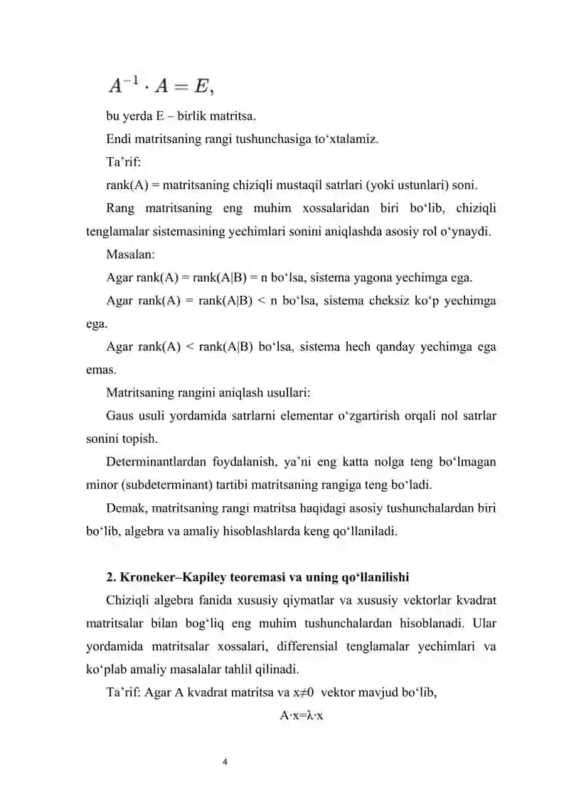 1. Matritsalar nazariyasining asoslari va matritsaning rangi 2. Kroneker-Kapiley teoremasi va uning qo‘llanilishi 3. Chiziqli tenglamalar sistemasini Jordan–Gaus usulida yechish 4