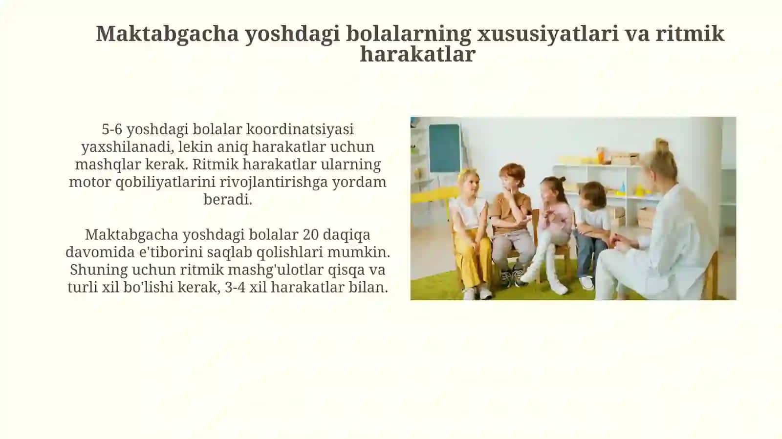 MTTda Bolalarni musiqaviy ritmik harakatlarga oʻrgatish(tayyorlov guruhlarda) 4