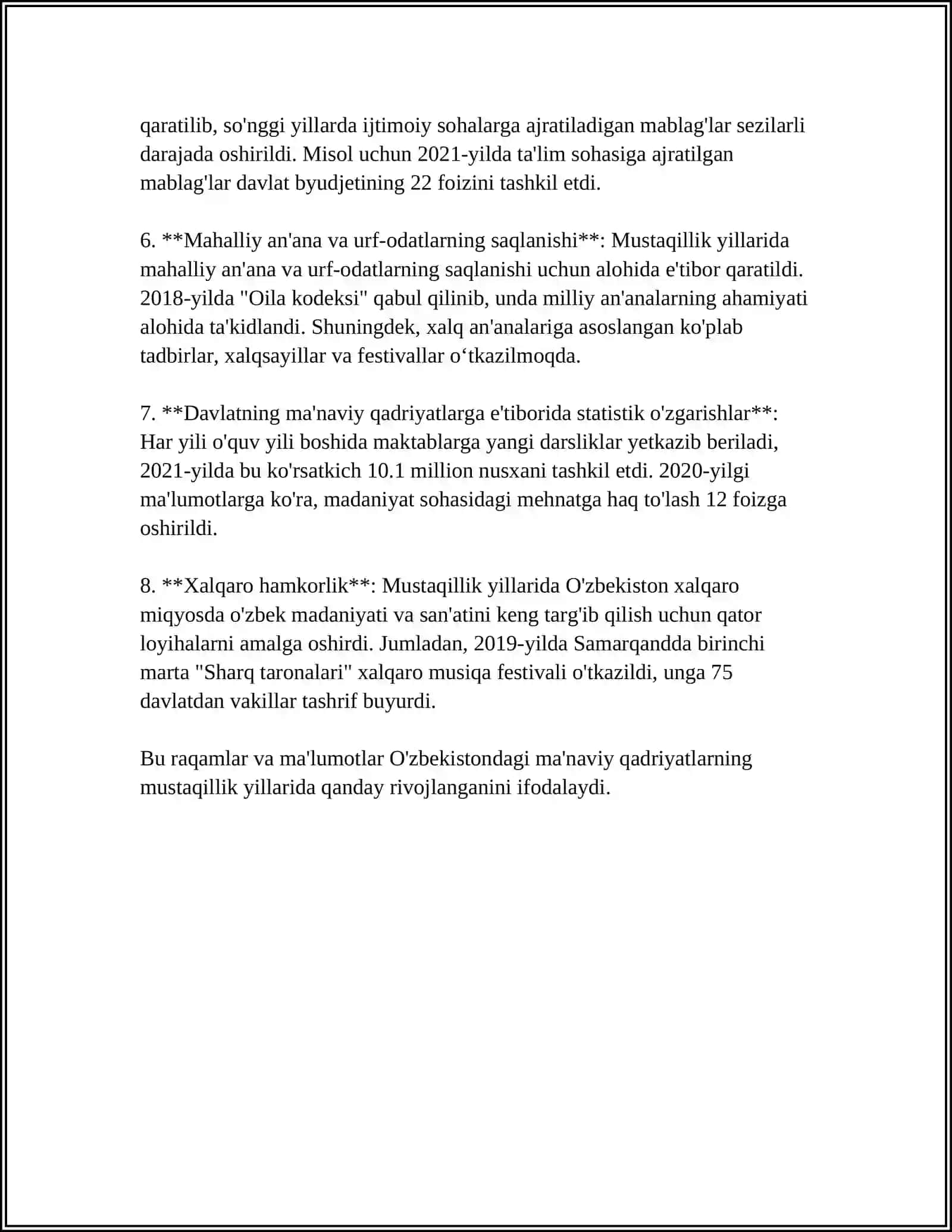 MUSTAQILLIK YILLARIDA MANAVIY VA MARIFIY HAYOT. MILLIY ISTIQLOL GOYASI VA MAFKURAVIY MASALALAR. MILLIY URF-ODATLAR, QADRIYATLAR VA ANANALARNING QAYTA TIKLANISHI. MUSTAQILLIK YILLARIDA BUYUK AJDODLAR VA TARIXIY SHAXSLARGA BOLGAN ETIBOR 4