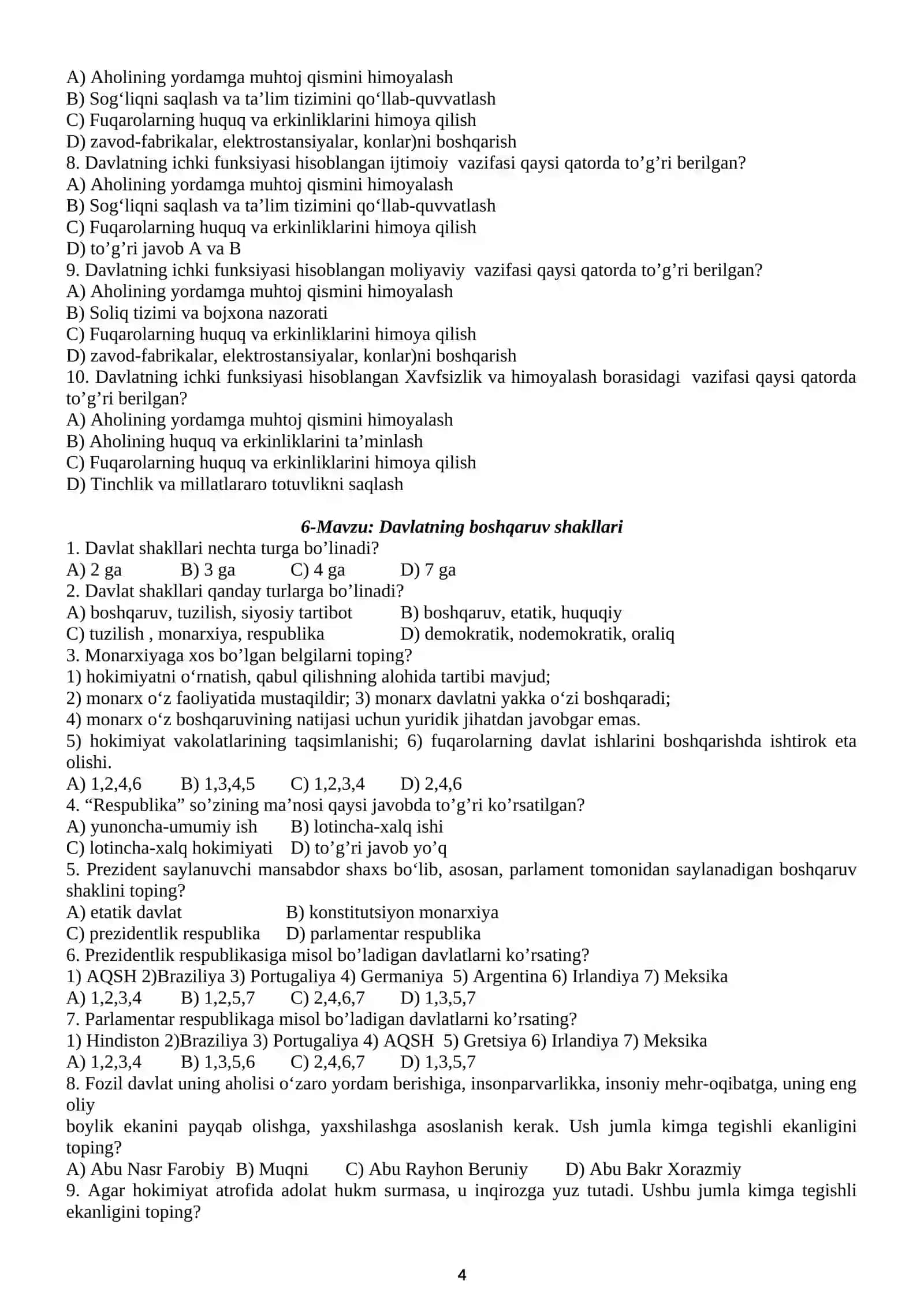 8-SINF O‘ZBEKISTON DAVLATI VA HUQUQI ASOSLARI fanidan (Yangi 2019-yilgi darslik asosida) lashtirilgan testlar 4