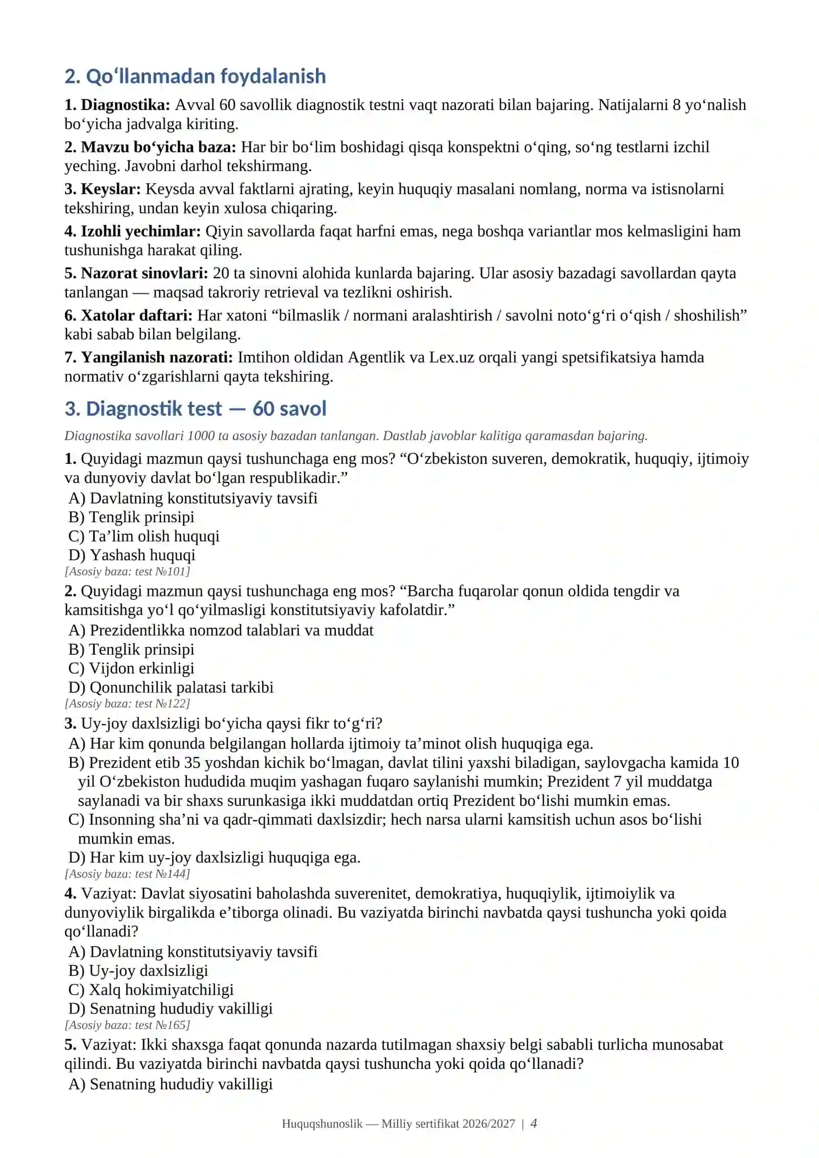 Huquqshunoslik Milliy sertifikati 2026/2027 | 1000+ test + 300+ huquqiy keys + 20 sinov 4