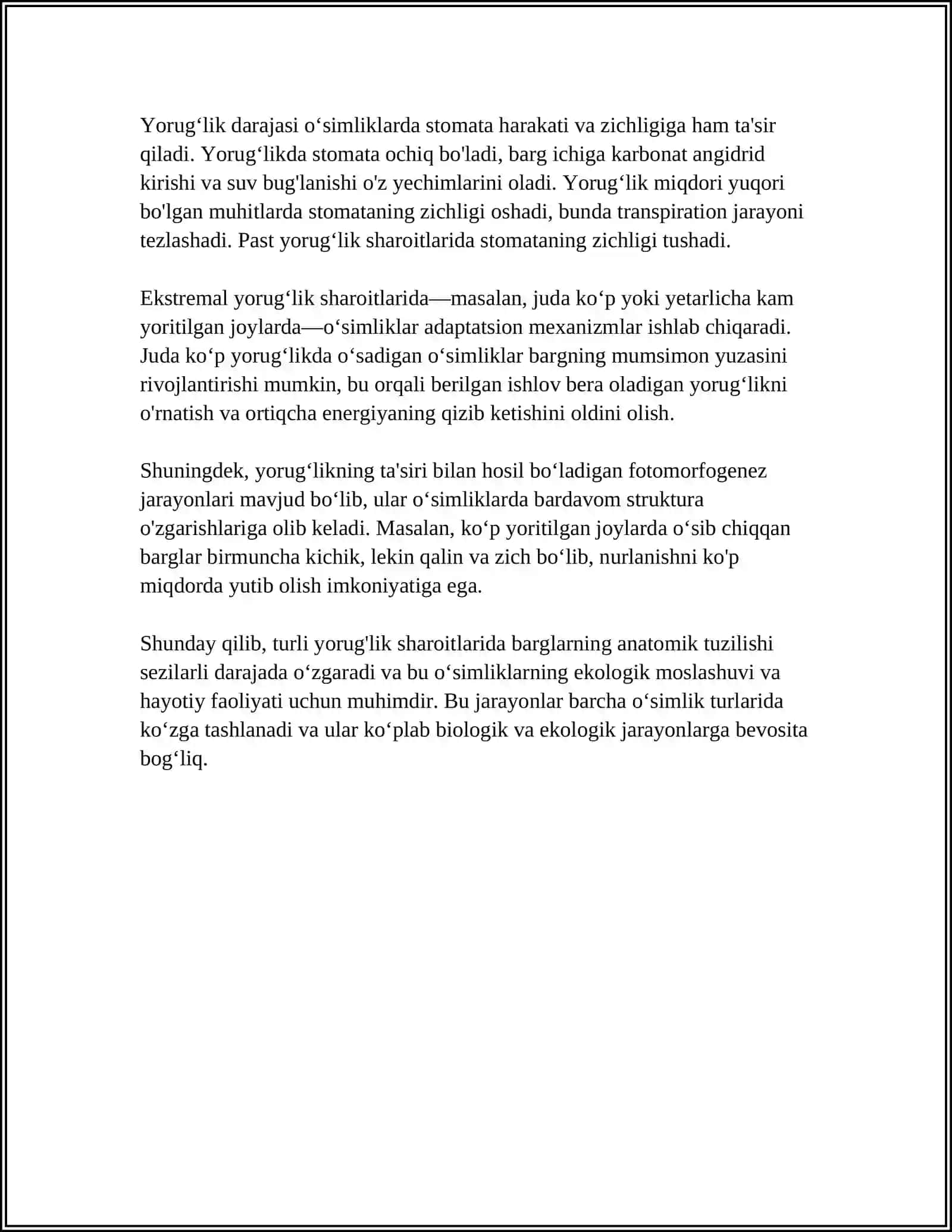 Turli yorugʻlik sharoitida barglarning anatomik tuzilishini aniqlash 4