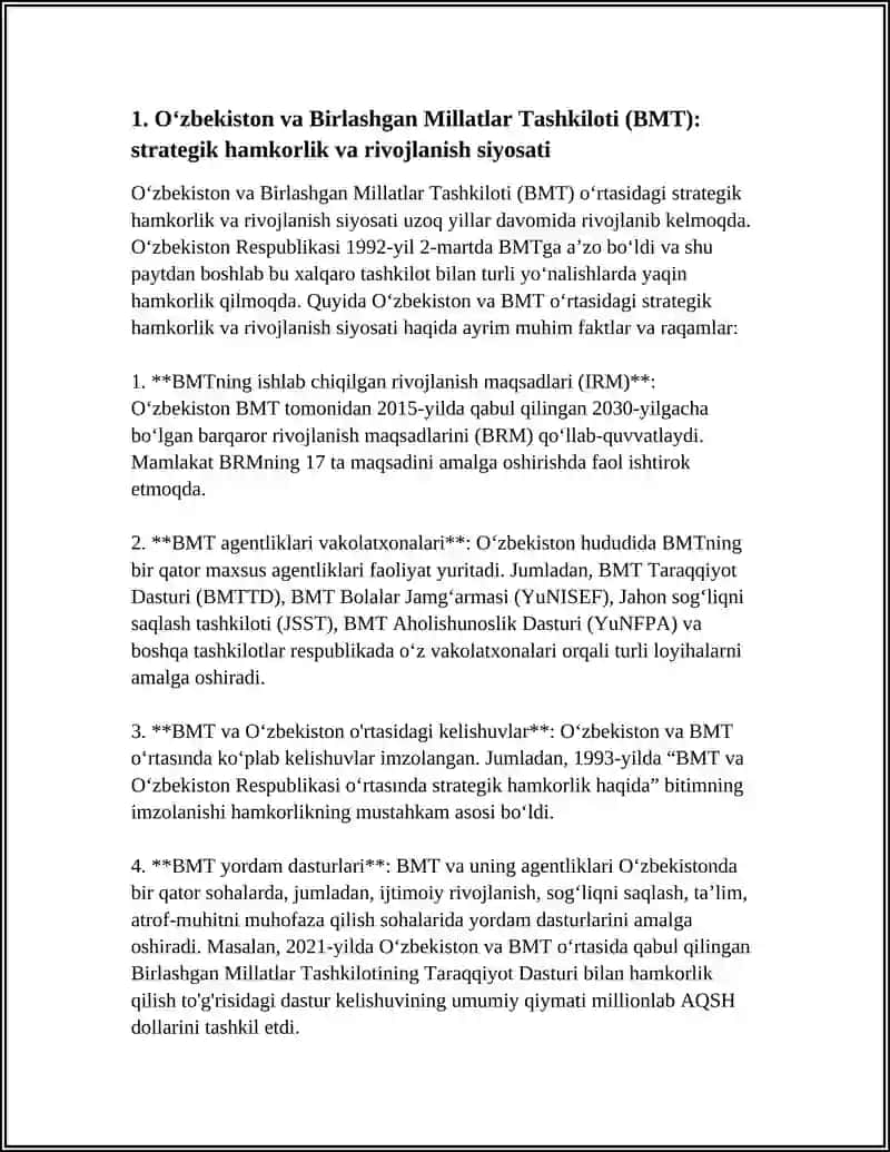 Oʻzbekiston va BMT strategik hamkorlik va rivojlanish siyosati 4