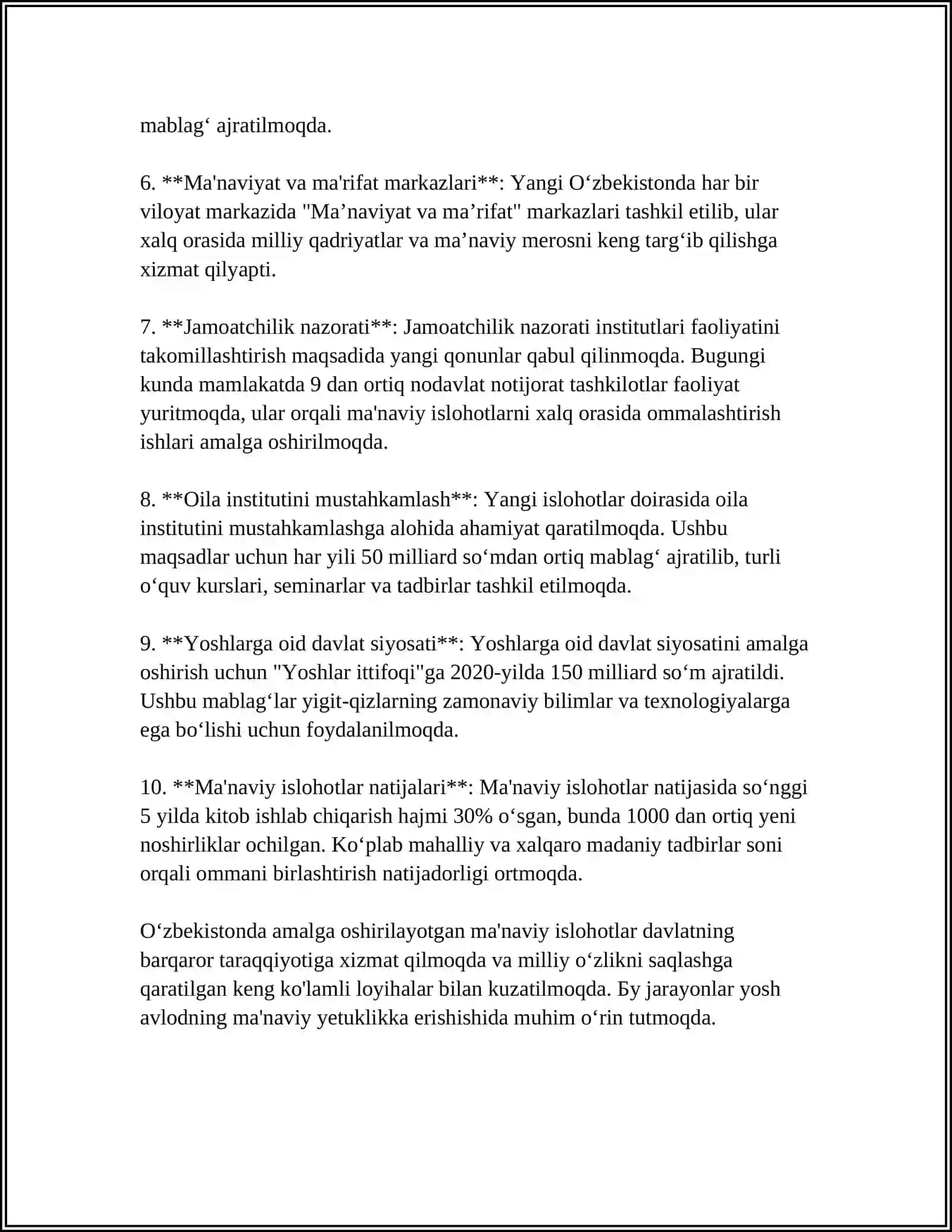 YANGI OʻZBEKISTONDA AMALGA OSHIRILAYOTGAN MA'NAVIY OʻZGARISHLAR Referat 4