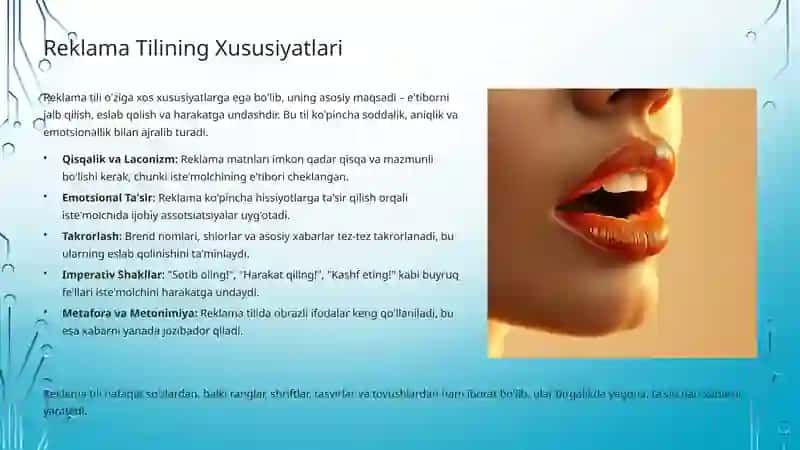 Reklama – bu nafaqat mahsulot yoki xizmatni targ'ib qilish vositasi, balki ijtimoiy kommunikatsiyaning murakkab va ko'p qirrali shaklidir. U jamiyatning qadriyatlari, madaniyati va intilishlarini aks ettiradi, shu bilan birga iste'molchilarning xulq-atvoriga va qarorlariga ta'sir ko'rsatadi. Reklamaning tili, uning vizual va lingvistik elementlari orqali, bizning dunyoqarashimizni shakllantirishda muhim rol o'ynaydi. 4