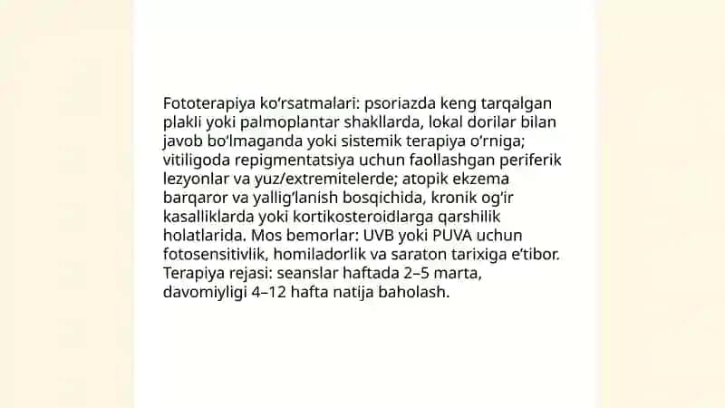 Yorugʻlik bilan davolash koʻrsatma va moneyliklarni aniqlash va bemorlarni parvarish qilish 4
