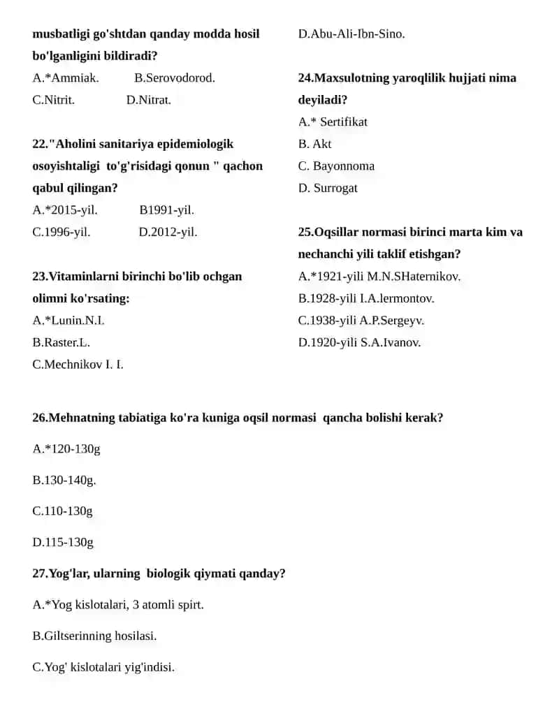 Ovqatlanish gigiyenasi fanidan test savollari, javoblari bilan 4