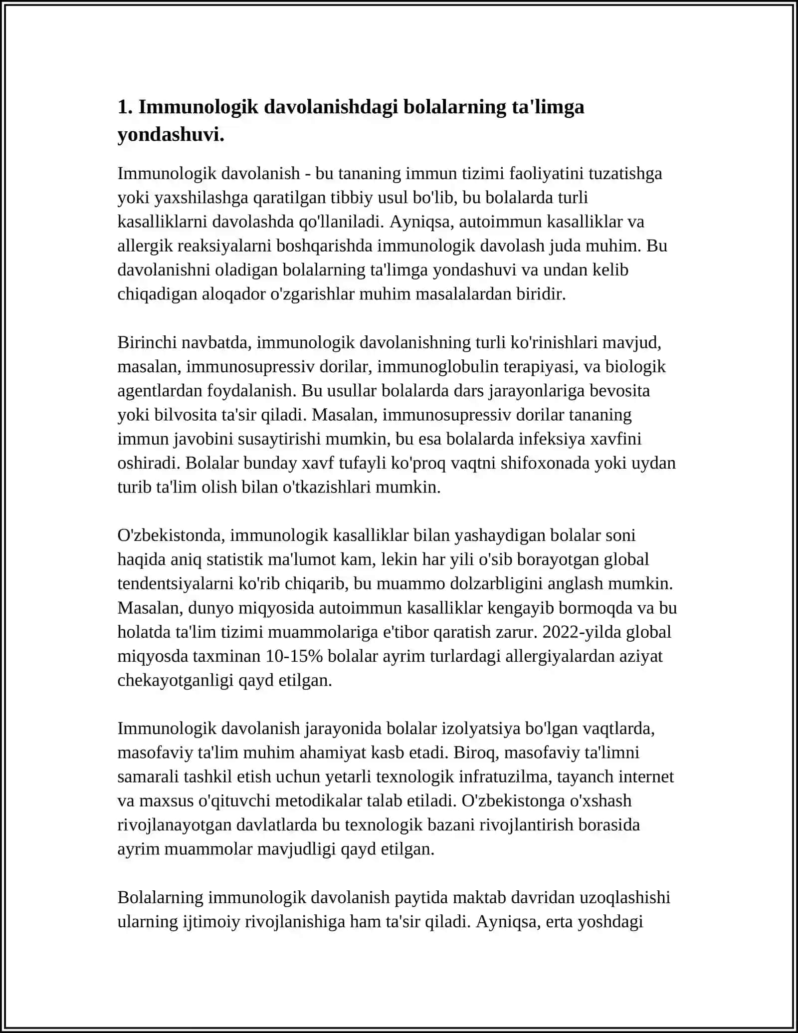 IMMUNOLOGICAL VA UZOQ MUDDATLI DAVOLANISHDA BO'LGAN BOLALARDA MAKTABGACHA VA UMUMIY O'RTA TA'LIMNI TASHKIL ETISH USULLARI 4