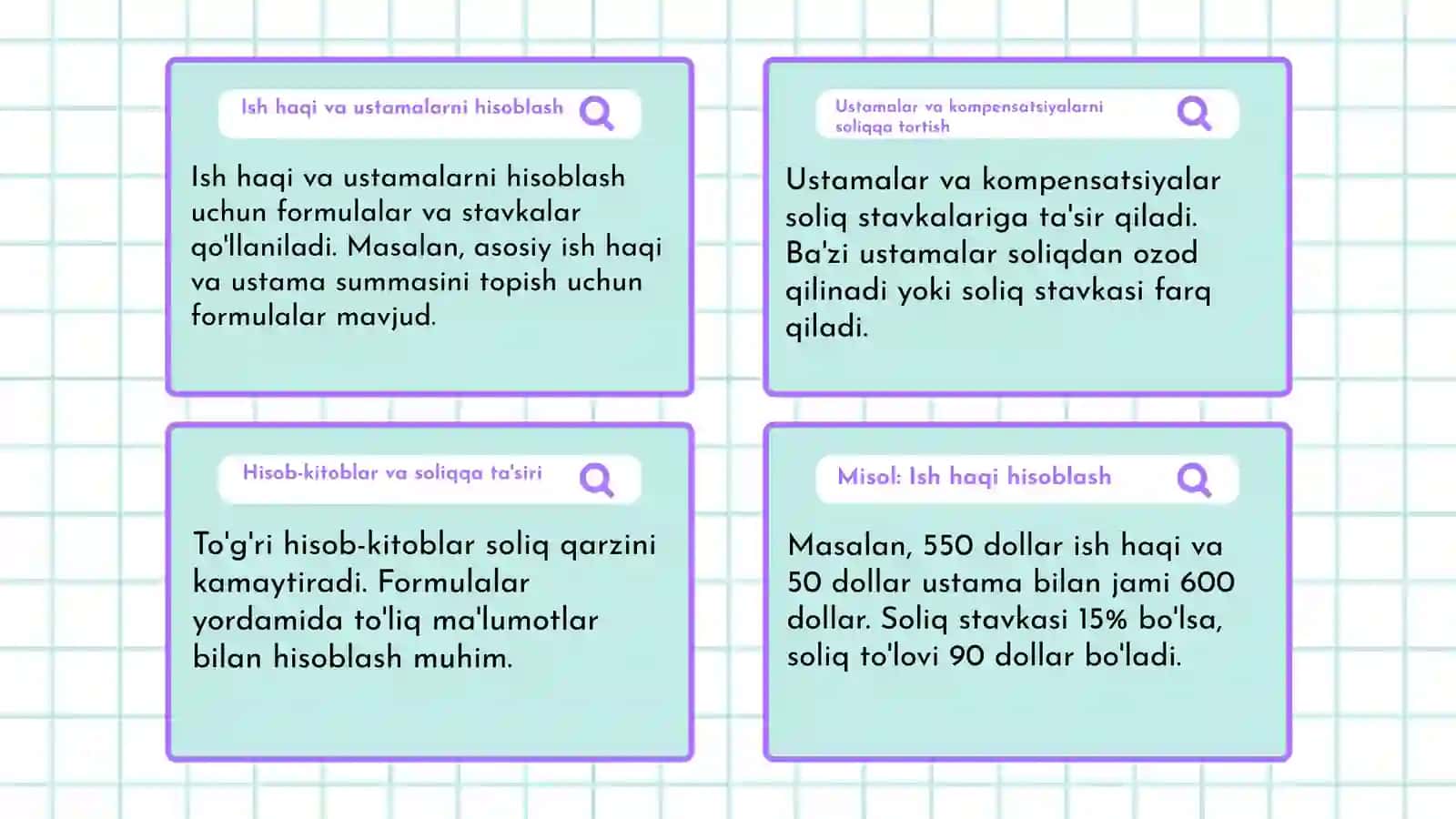 Mehnat daromadlarining soliqqa tortilishi ish haqi, ustamalar va kompensatsiyalar bo‘yicha hisob-kitoblarMehnat daromadlarining soliqqa tortilishi ish haqi, ustamalar va kompensatsiyalar bo‘yicha hisob-kitoblar 4