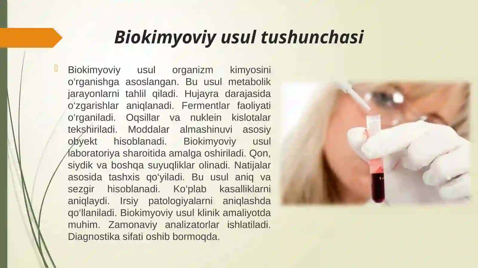 Biokimyoviy usul. Tibbiy genetikada qo’llaniladigan biokimyoviy tahlil turlari Prenatal diagnostika haqida tushunchp, uning vazifalari, istiqbollari. 4