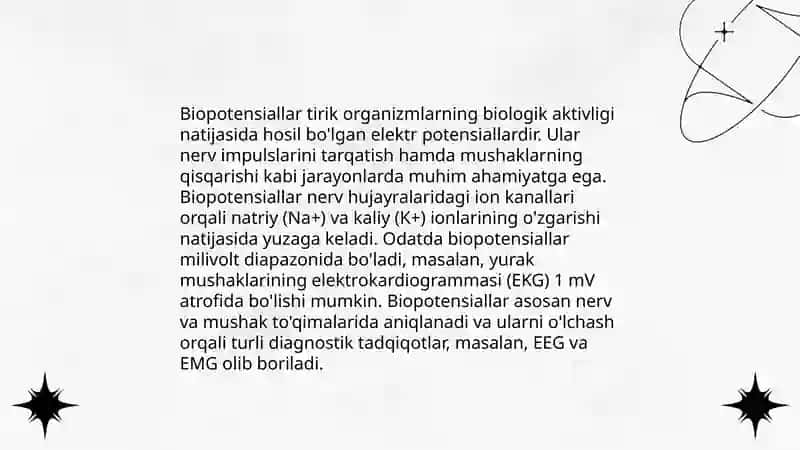 Biopotensiallarni qayta qilishning fizik asoslari.Elektrokardiografiyaning fizik asoslarini o'rganish 4