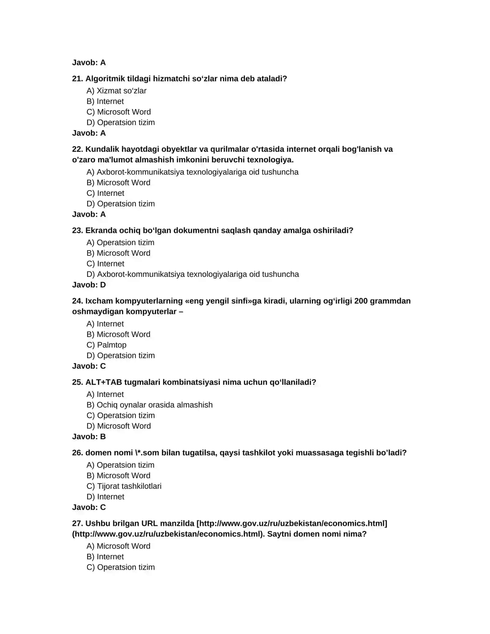 Axborot-kommunikatsiya texnologiyalari fanidan test savollari 4