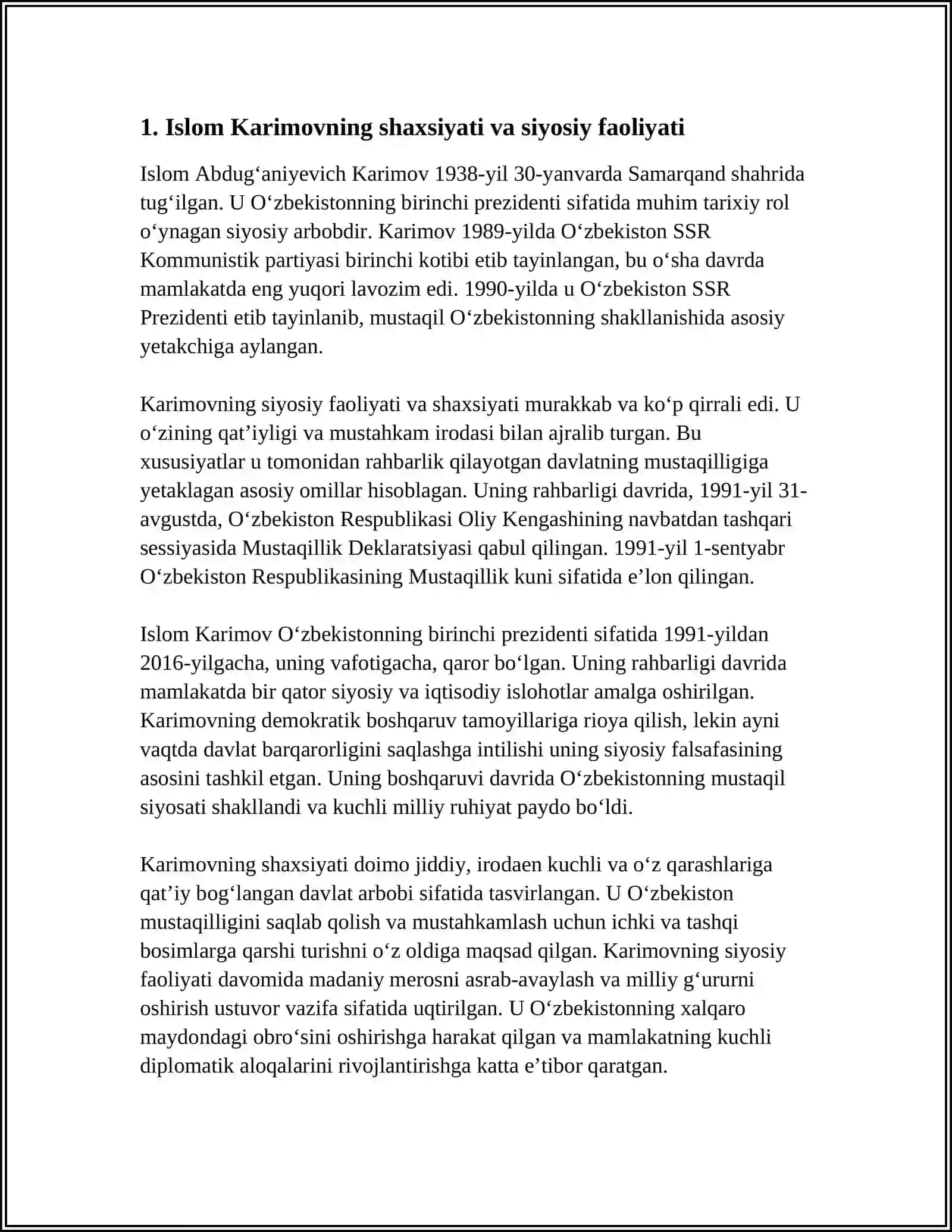 ISLOM KARIMOV OʻZBEKISTONNING BIRINCHI PREZIDENTI. MUSTAQILLIK DEKLARATSIYASI VA UNING TARIXIY AHAMIYATI 4