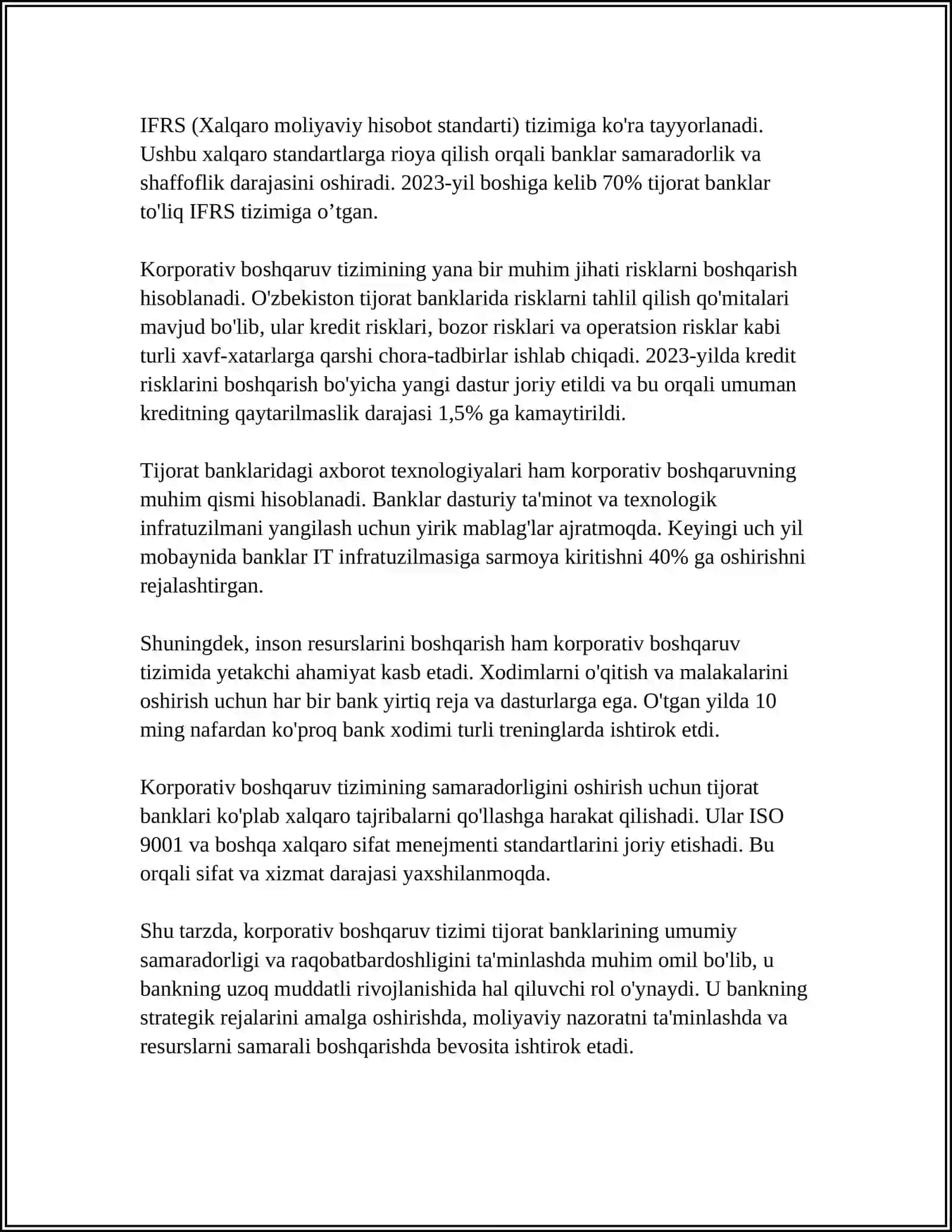 MUSTAQIL ISH Mavzu: TIJORAT BANKLARI FAOLIYATINI KORPORATIV BOSHQARISHNING MAZMUNI 4
