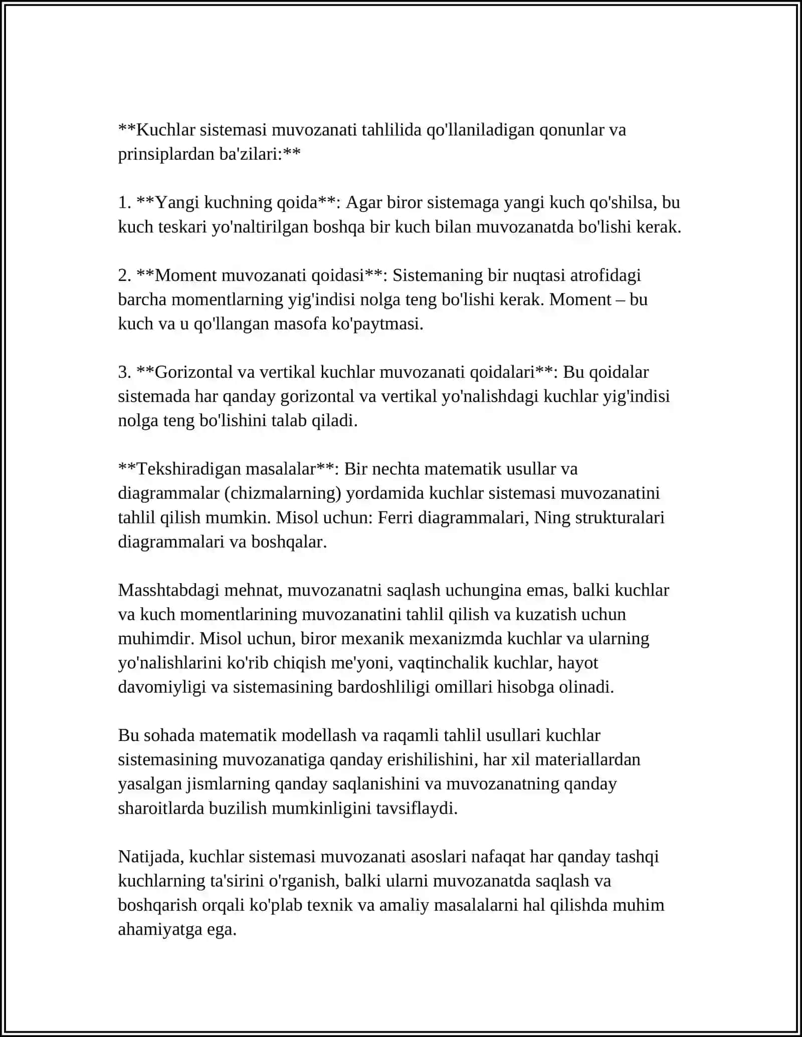 TEKISTLIKDA KUCHLAR SISTEMASINING MUOZANATI SHARTI 4