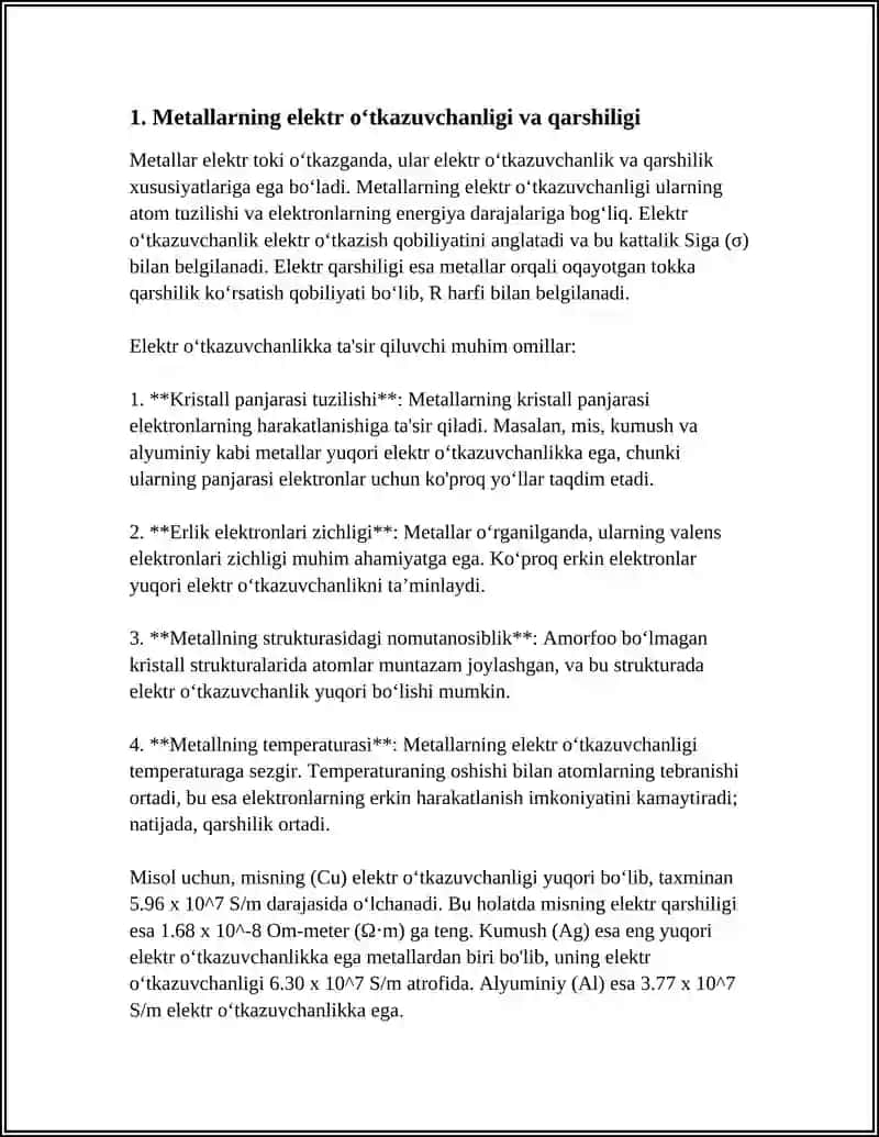 ELEKTROTEXNIK MATERIALLAR FANIDAN METALLARNING HARAKTERISTIKASI MAVZUSIGA 4