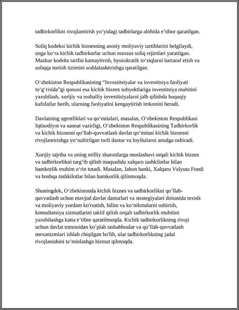 KICHIK BIZNES VA TADBIRKORLIKNI DAVLAT TOMONIDAN TARTIBGA SOLISH ÓZBEKISTON TAJRIBASI 4