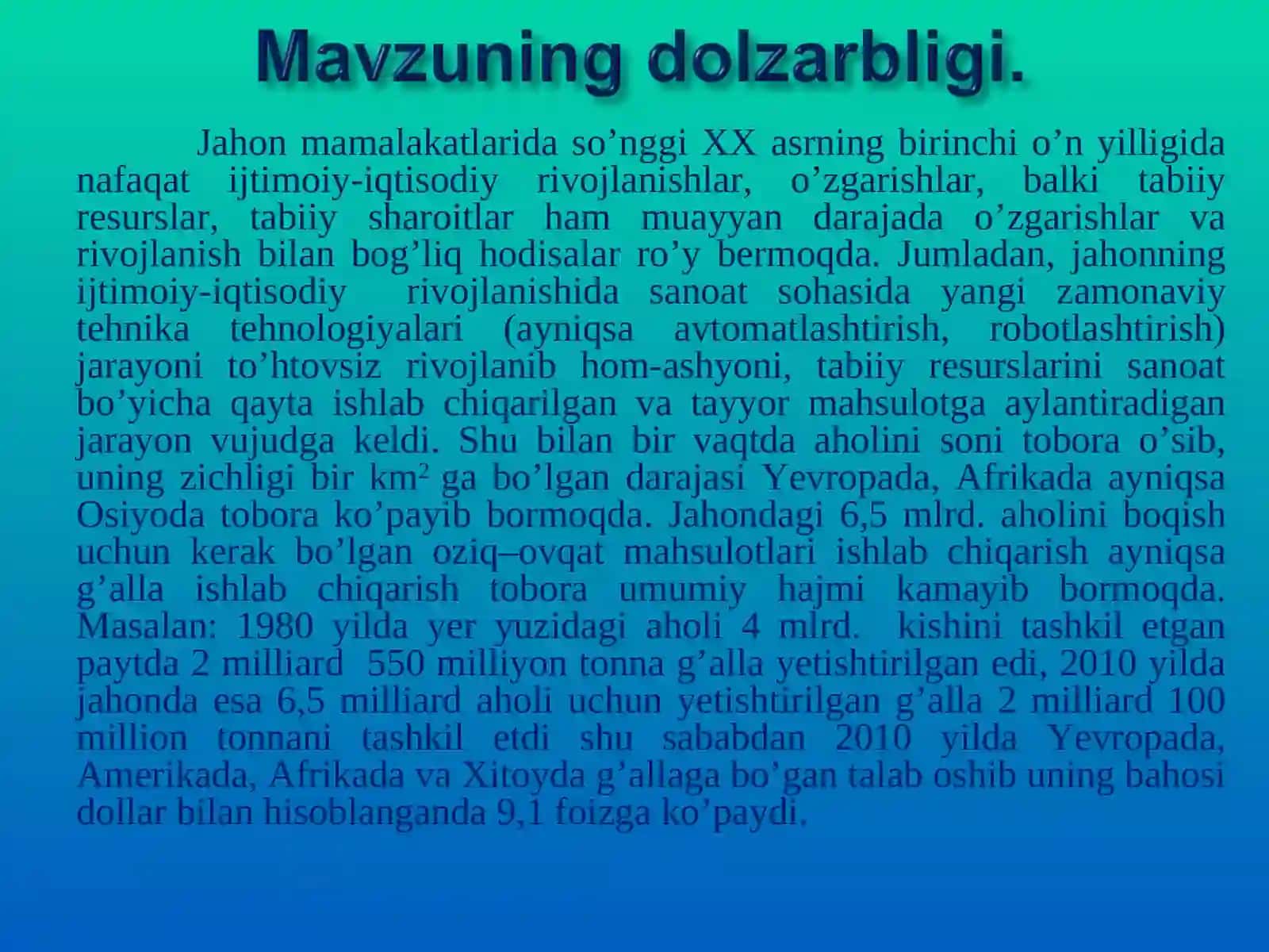 O’zbekistonda oziq-ovqat mahsulotlari ishlab chiqarish va uni iqtisodiy samaradorligini oshirish yo’llari 4