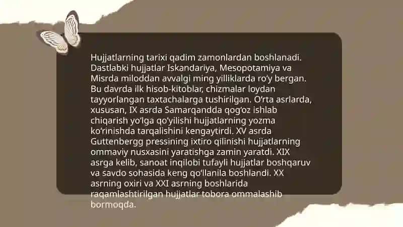 Hujjatlardagi zaruriy qismlar.Hujjatlarning paydo boʻlishi va tarixi. 4