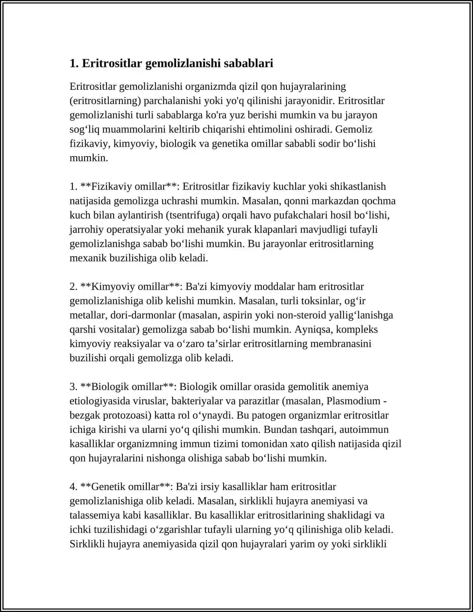 ERITSOSITLAR GEMOLIZLANISHI SABABLARI VA ULARNING MOHIYATI. BIOMEMRANALARGA VA HUJAYRALARDA HAR XIL MODDALAR ERITMALARNING TAʼSIRI 4