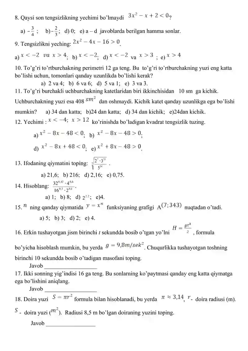 Matematikadan Olimpiada savollari 4