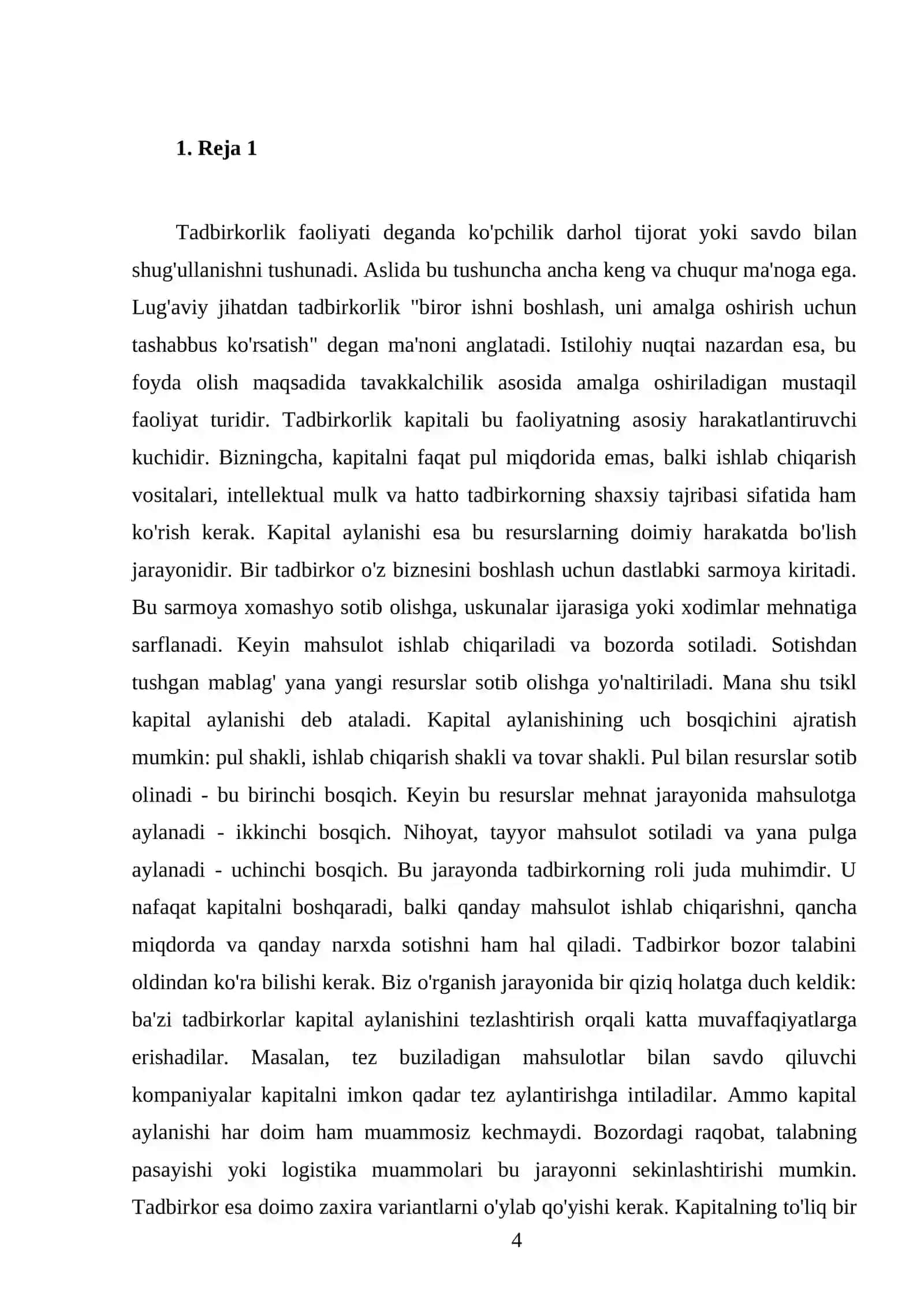 Tadbirkorlik faoliyati. tadbirkorlik kapitali va uning aylanishi 4