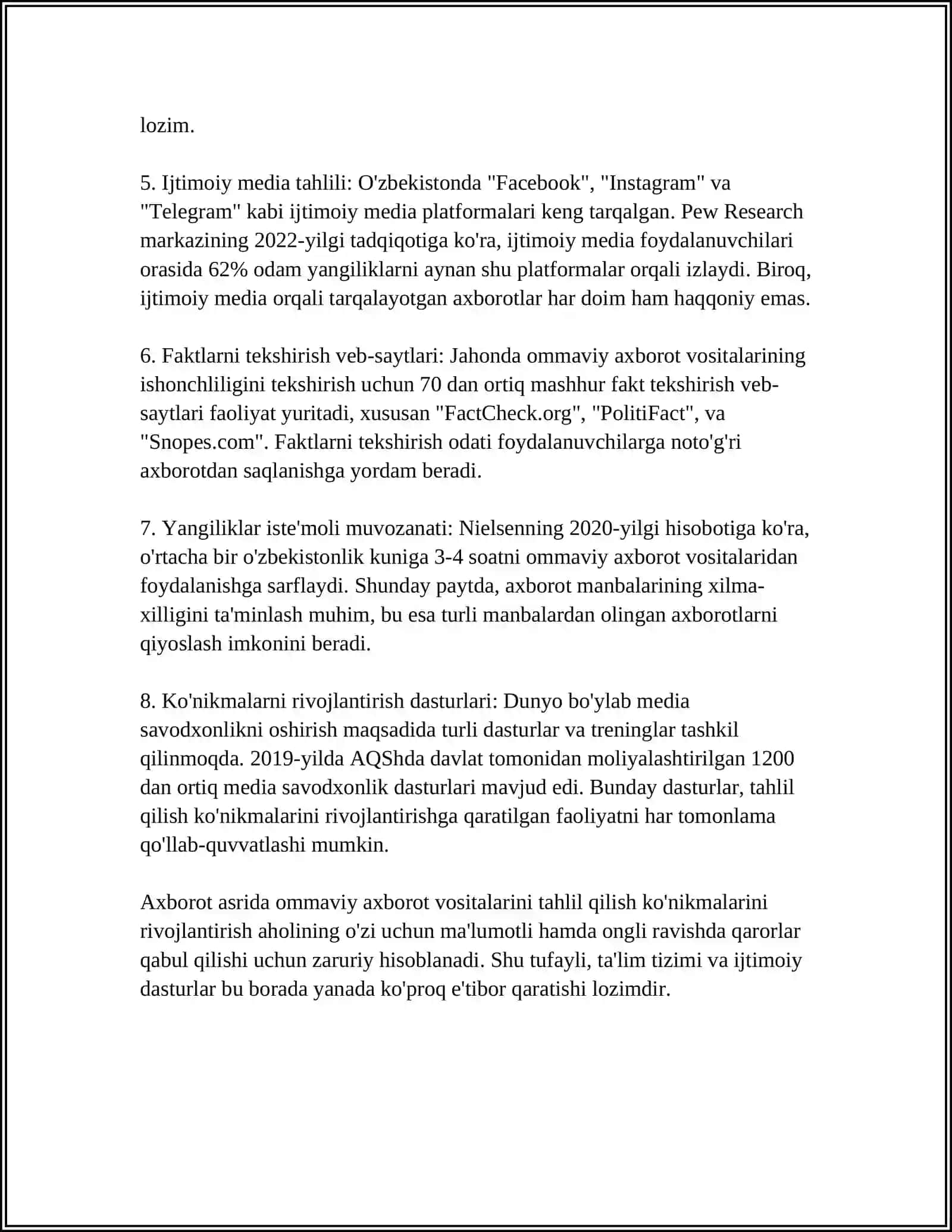 MUSTAQIL ISH Mavzu: MEDIA SAVODXONLIKNI RIVOJLANTIRISH YÖLLARI 4