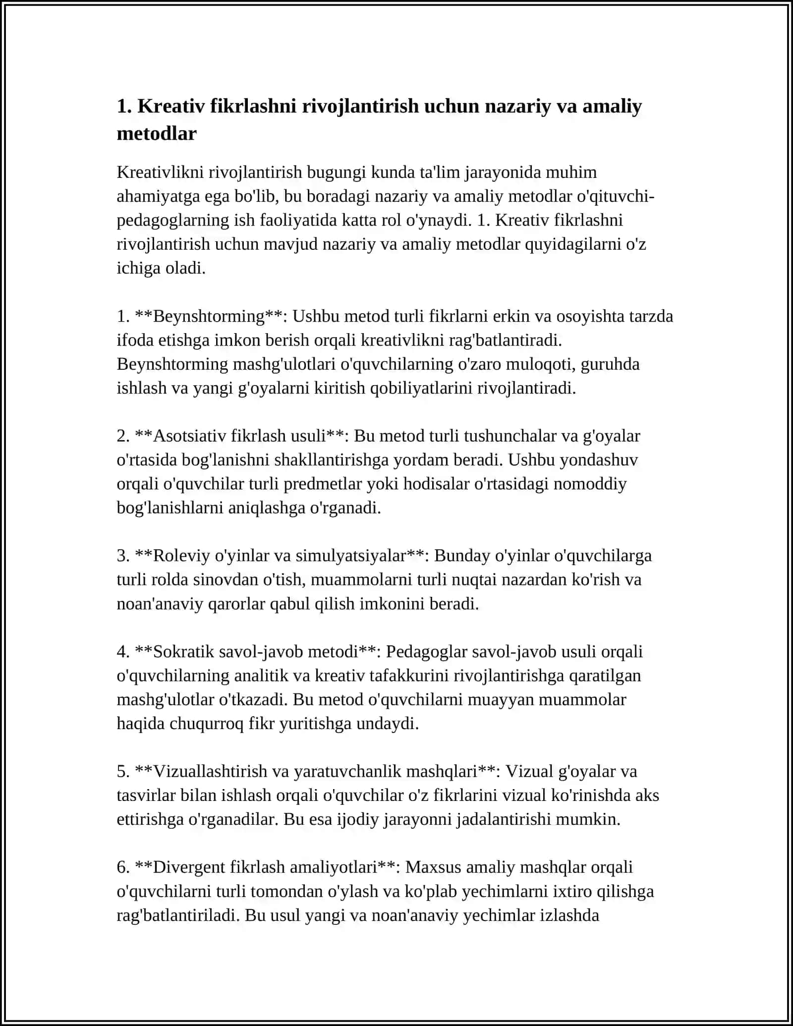 PEDAGOGLARDA KREATIVLIK SIFATLARINI RIVOJLANTIRUVCHI METODLAR 4