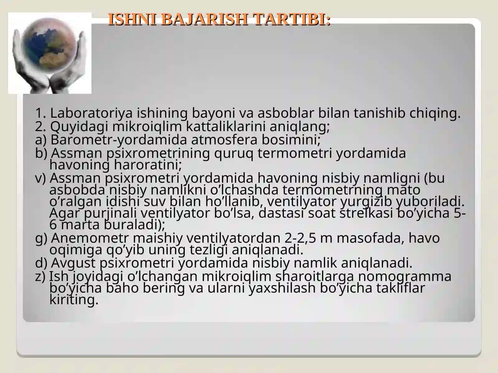 Mikroiqlim sharoitlarini tadqiq qilish 4