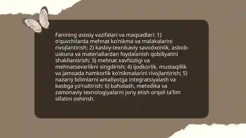 Mehnat va predmetli amaliy ta'lim texnologiyasi fanining predmeti va vazifalari 4