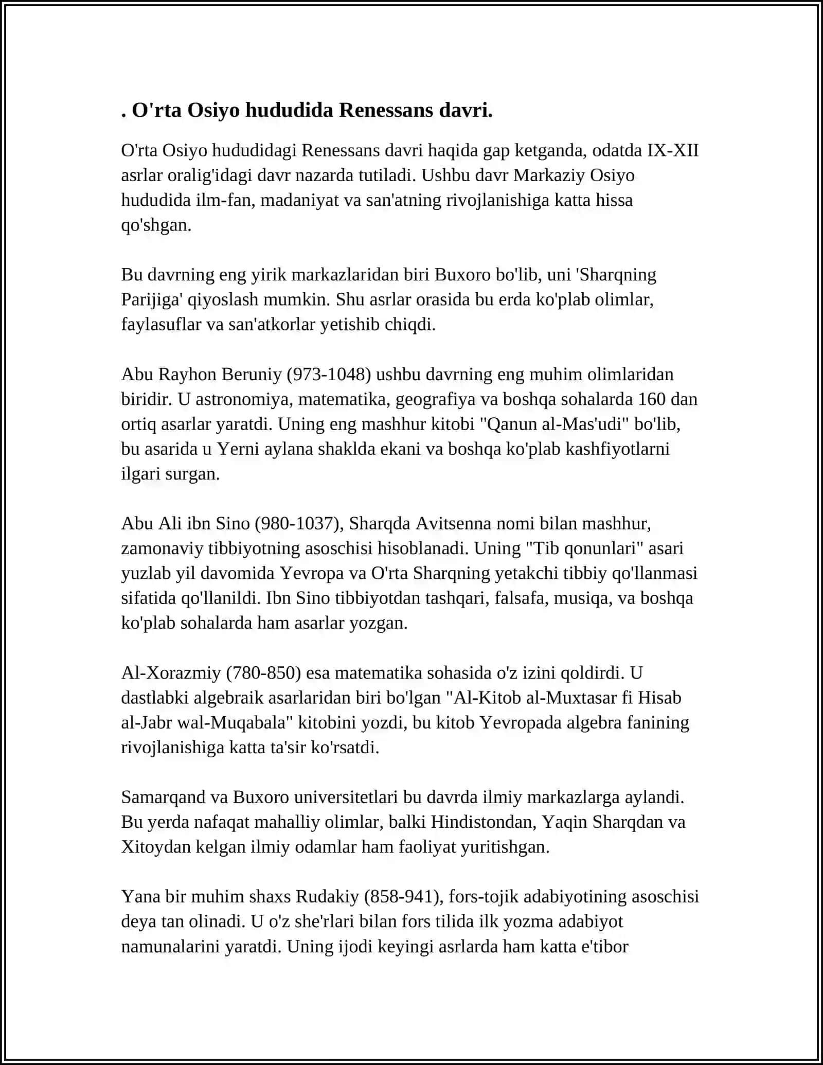 IX-XII ASRLARDA MAMLAKATIMIZ HUDUDIDA RO'Y BERGAN MADANIY UYG'ONISH(RENESSANS). BUYUK ALLOMALARNING JAHON SVILIZATSIYASIGA QO'SHGAN HISSASI 4