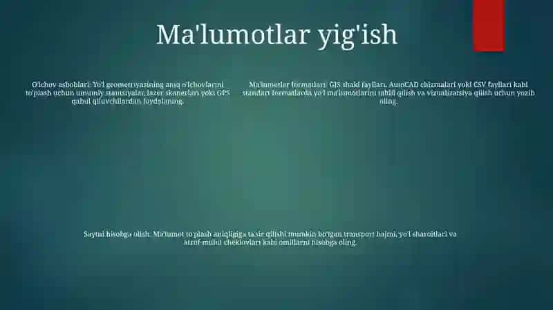Berilgan Yo‘L (Ko‘Cha) Bo‘Lagini Geometrik O‘Lchamlarini Aniqlash 4