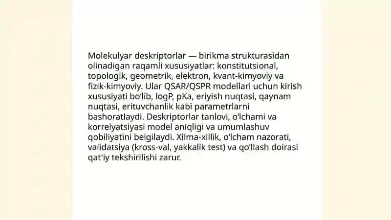 Oʻrganilmagan birikmalarning fizik kimyoviy parametrlarini bashorat qilish 4