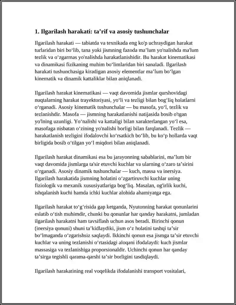 KIRISH DARSI. ILGARILANMA HARAKAT KINEMATIKASI VA DINAMIKASI 4