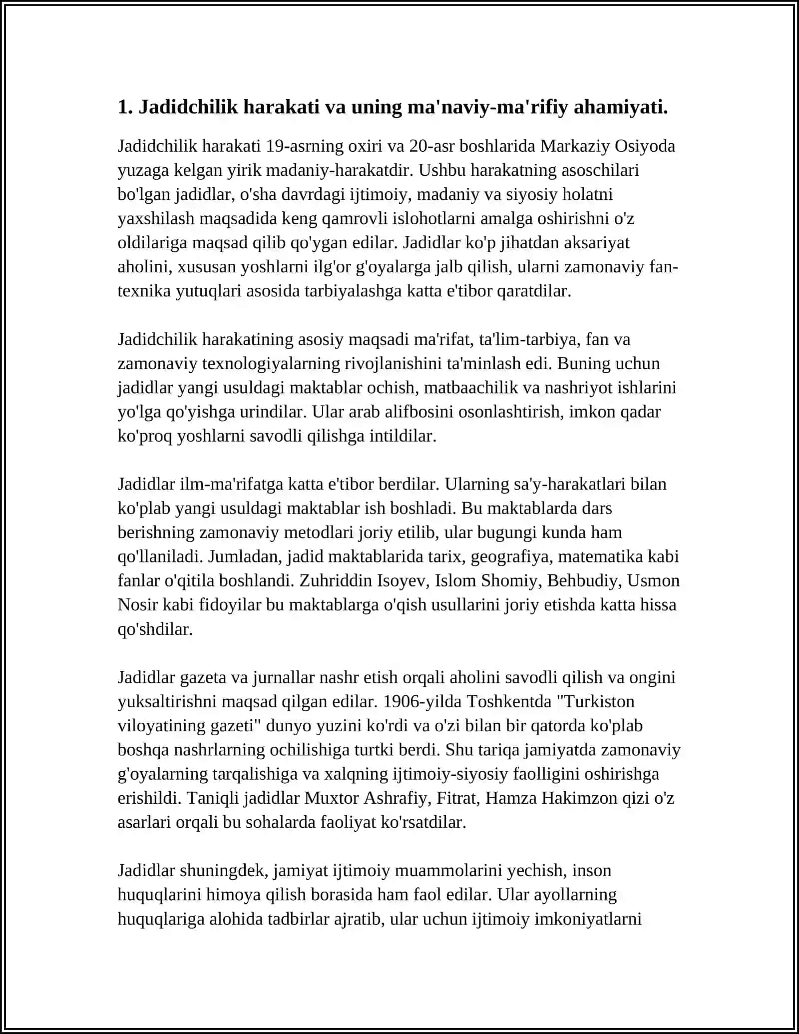 JADID MA'RIFATPARVARLARNING O'LKA IJTIMOIY-MA'NAVIY HAYOTIDA TUTGAN O'RNI(MUNAVVAR QORI, FITRAT, BEHBUDIY, AVLONIY VA BOSHQALAR) 4