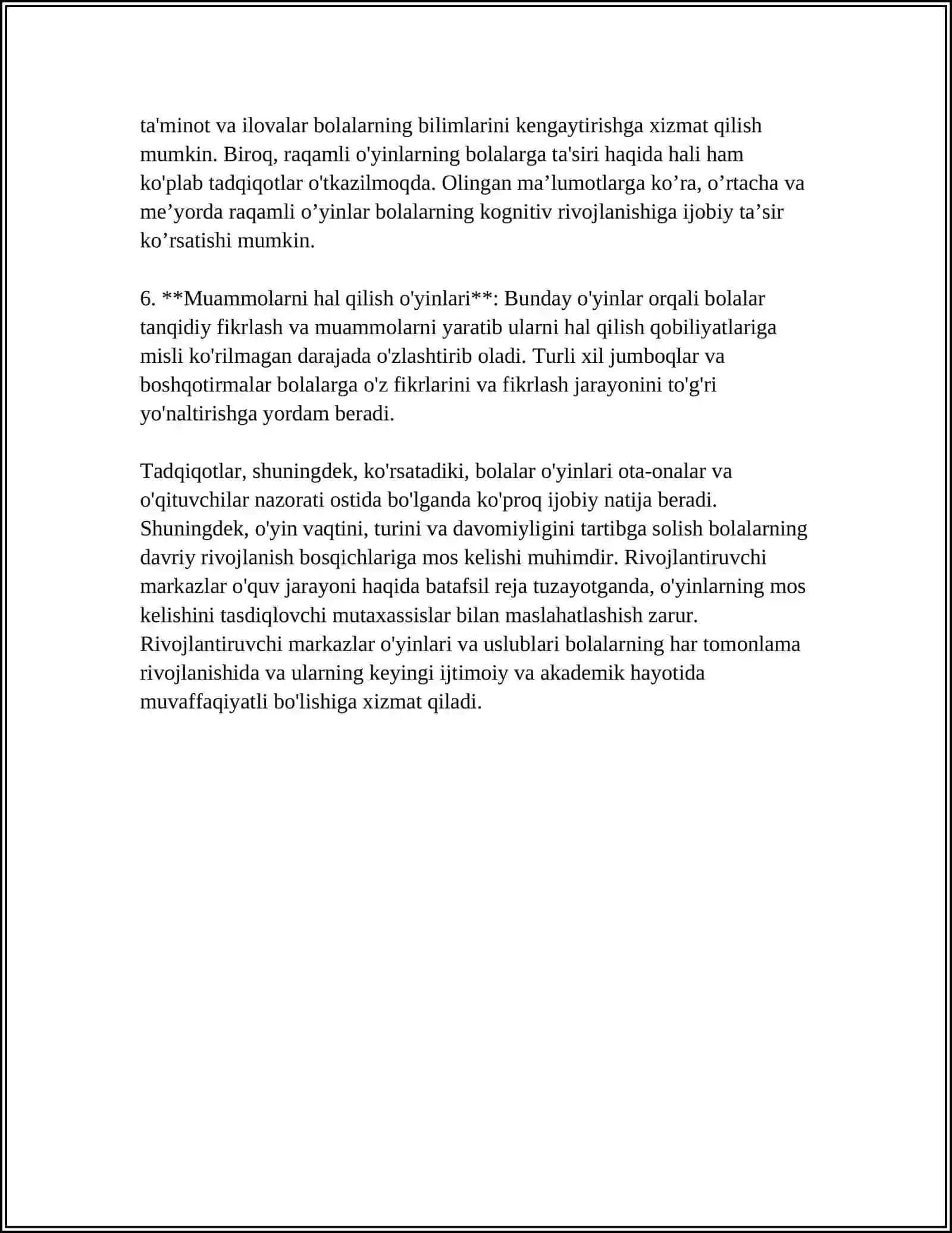 MAKTABGACHA TA'LIM TASHKILOTIDA RIVOJLANTIRUVCHI MARKAZLARINI JIHOZLASHDA O'YINLAR VA RIVOJLANTIRUVCHI MUHIT 4