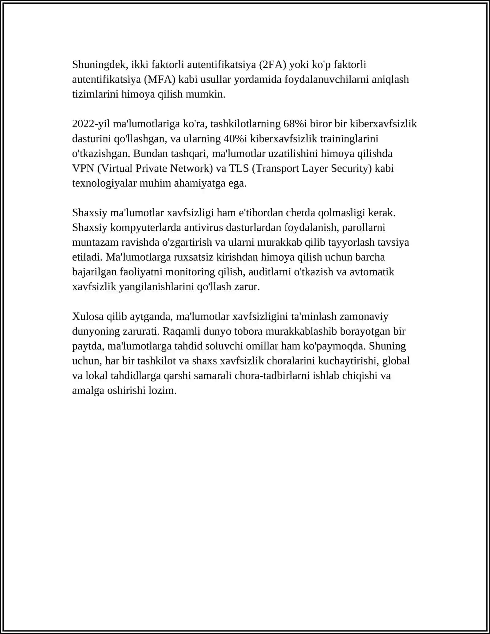 MUSTAQIL ISH Mavzu: AXBOROT XAVFSIZLIGINI TAMINLASH TIZIMI 4